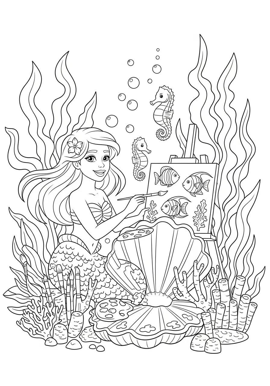 Mermaid's Underwater Art Studio Coloring Page -- prompt: "black lines only Cheerful mermaid with flowing hair painting colorful fish on large scallop shell easel, surrounded by kelp brush holders, coral paint palettes, seahorse friends watching, bubble-filled underwater art studio, thick black outlines, simple shapes perfect for coloring flat black lines, premium coloring page, coloring sheet, line drawing, Coloring Book, NO COLOR, NO SHADING, WHITE BACKGROUND. NO GRAY, BLACK AND WHITE, NO COLOR" -- This creative scene shows an artistic mermaid painting on a large flat shell easel using brushes made from sea plants. Tubes of paint made from colorful sea materials and a palette of mixed colors surround her workspace. The meta-artistic theme celebrates creativity while encouraging artistic exploration.