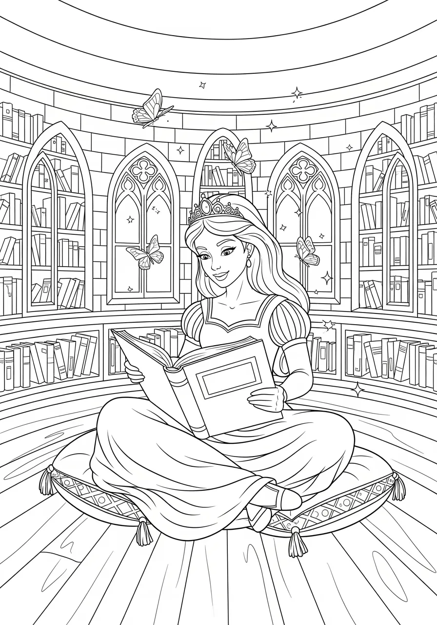 Princess Reading in Library Tower Coloring Page -- prompt: "black lines only Fun coloring book style princess with flowing gown and crown sits cross-legged on ornate cushions, reading oversized storybook in circular tower library, surrounded by towering curved bookshelves, Gothic arched windows, floating butterflies, magical sparkles flat black lines, premium coloring page, coloring sheet, line drawing, Coloring Book, NO COLOR, NO SHADING, WHITE BACKGROUND. NO GRAY, BLACK AND WHITE, NO COLOR" -- This peaceful scene captures a studious princess reading in her castle's library tower surrounded by towering bookshelves and magical floating books. Soft light streams through arched windows while the princess sits comfortably in an ornate chair with her favorite story. The detailed architectural elements and cozy reading nook create a perfect quiet coloring experience.