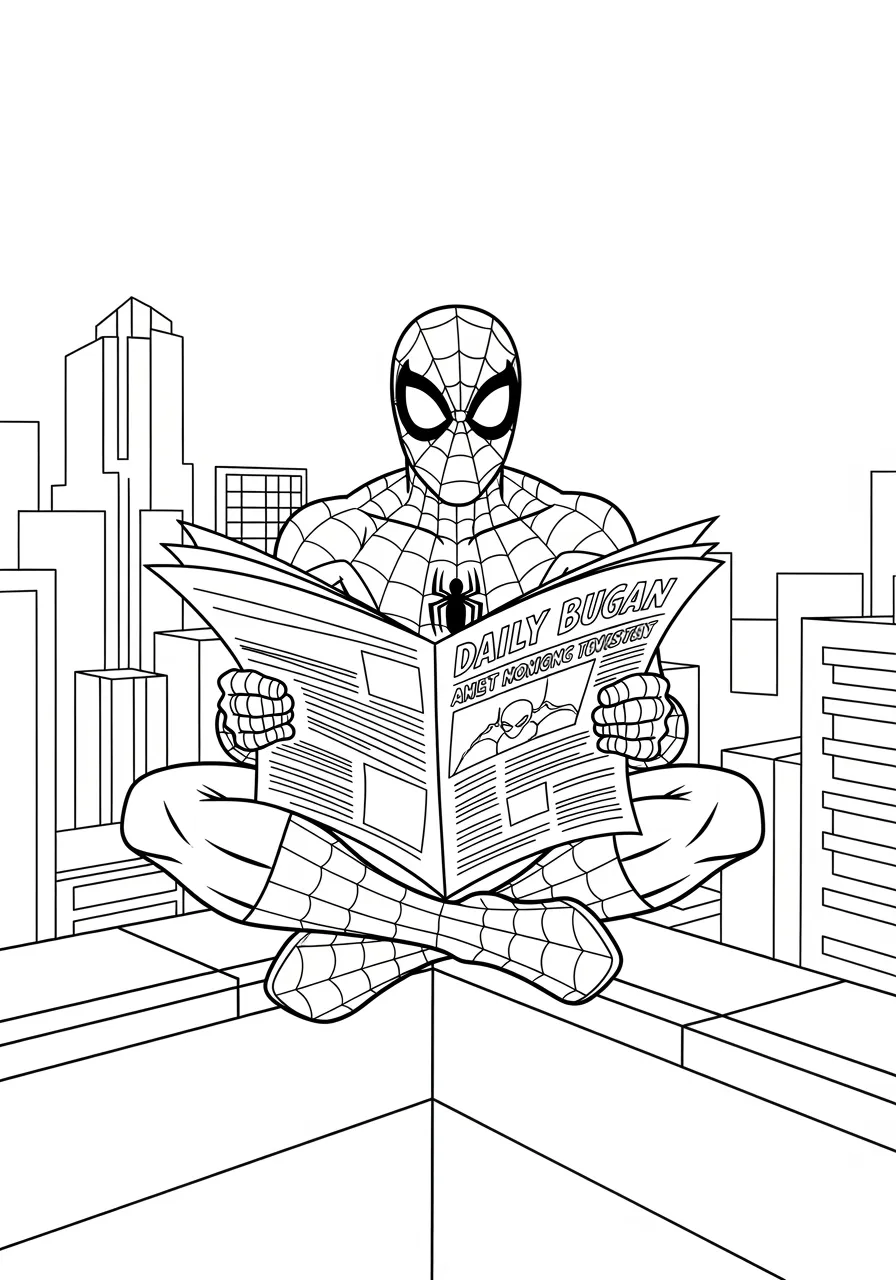 Spiderman and Daily Bugle Coloring Page -- prompt: "black lines only Spiderman sits cross-legged atop Daily Bugle building corner, newspaper spread wide in hands, bold black outlines define his iconic costume, city skyline backdrop with simple geometric buildings, cheerful expression visible through mask, perfect coloring book page design flat black lines, premium coloring page, coloring sheet, line drawing, Coloring Book, NO COLOR, NO SHADING, WHITE BACKGROUND. NO GRAY, BLACK AND WHITE, NO COLOR" -- This charming scene shows our web-slinging hero taking a peaceful moment atop the famous Daily Bugle building, newspaper in hand. The design includes recognizable city elements and offers a quieter side of the superhero's life. It's an excellent choice for children who enjoy storytelling through their coloring, imagining what news Spiderman might be reading about his own adventures.