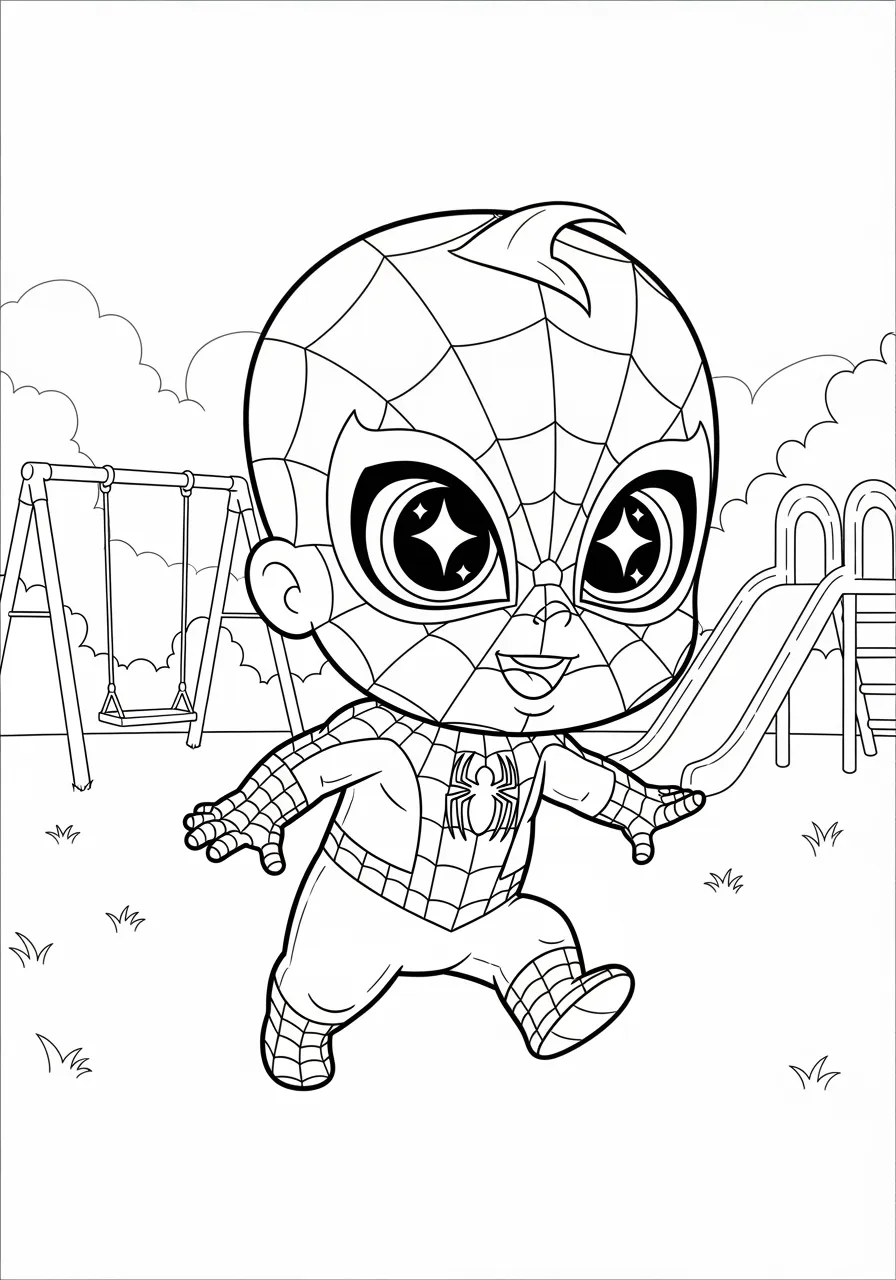 Baby Spiderman First Steps Coloring Page -- prompt: "black lines only Adorable baby Spiderman with oversized round eyes takes wobbly first steps in miniature red-blue costume, web patterns outlined in bold black lines, simple playground background with swing set, cheerful expression, perfect for children's coloring book page flat black lines, premium coloring page, coloring sheet, line drawing, Coloring Book, NO COLOR, NO SHADING, WHITE BACKGROUND. NO GRAY, BLACK AND WHITE, NO COLOR" -- This absolutely adorable coloring page reimagines our favorite web-slinger as an adorable toddler taking his very first heroic steps. The sweet, simplified design is perfect for very young children and creates heartwarming bonding moments for families coloring together. The innocent charm of baby Spiderman will bring smiles to faces of all ages.