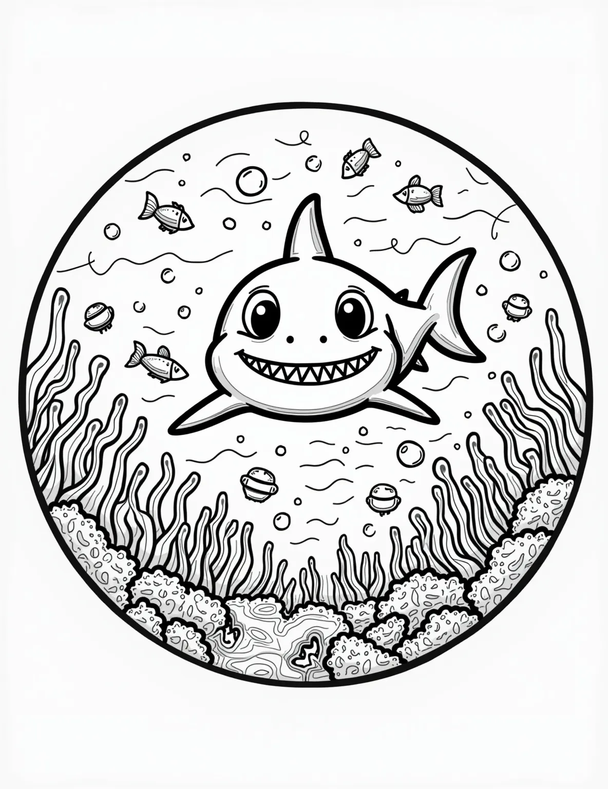 Shark Food Chain Cycle -- prompt: "black lines only Playful circular coloring page featuring a grinning shark at center. Surrounding it, bold outlines of fish, plankton, and seaweed form a vibrant ecosystem. Thick, wavy lines connect creatures, depicting food chain relationships. Empty spaces invite creative coloring, promising hours of underwater fun. Style: fun coloring book style coloring page flat black lines, premium coloring page, coloring sheet, line drawing, Coloring Book, NO COLOR, NO SHADING, WHITE BACKGROUND. NO GRAY, BLACK AND WHITE, NO COLOR" -- Learn about marine ecosystems with this shark food chain cycle coloring page. The circular design shows the relationship between sharks and other sea creatures in the food web. It's an educational coloring activity that teaches about ocean life cycles.