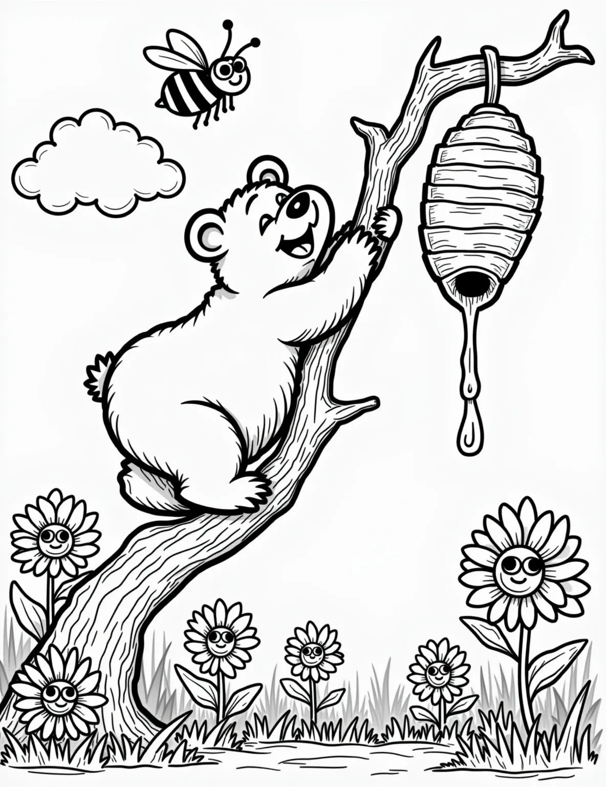 Bear's Honey Harvest -- prompt: "black lines only Cheerful cartoon bear balancing on log, reaching for honeycomb. Stylized beehive hangs from tree branch. Buzzing bees with exaggerated features zip around. Oversized daisies and sunflowers frame scene. Bold outlines perfect for coloring. Honey drips temptingly. Bear's expression gleeful and determined. flat black lines, premium coloring page, coloring sheet, line drawing, Coloring Book, NO COLOR, NO SHADING, WHITE BACKGROUND. NO GRAY, BLACK AND WHITE, NO COLOR" -- Discover the sweet side of nature with this charming coloring page. A bear carefully collects honey from a beehive using a hollowed-out log, surrounded by buzzing bees and blooming wildflowers. This scene introduces children to the concept of foraging and the importance of bees in nature.