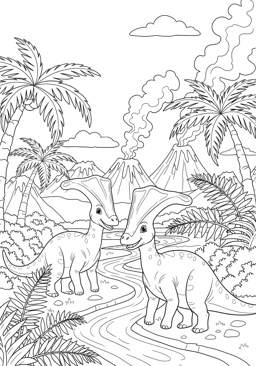 Peaceful Parasaurolophus Herd by the River Coloring Page -- prompt: "black lines only Fun coloring book page featuring cheerful Parasaurolophus dinosaurs with bold trumpet-shaped head crests standing beside a winding prehistoric river, surrounded by large ferns, palm trees, and volcanic mountains, with thick black outlines and simple shapes perfect for children's crayons flat black lines, premium coloring page, coloring sheet, line drawing, Coloring Book, NO COLOR, NO SHADING, WHITE BACKGROUND. NO GRAY, BLACK AND WHITE, NO COLOR" -- Enjoy a tranquil moment with a herd of Parasaurolophus dinosaurs as they gather peacefully along a winding prehistoric river. These duck-billed dinosaurs are known for their distinctive head crests, which are beautifully detailed in this design. The serene water setting and group dynamic make this an ideal coloring page for those who prefer calmer, more meditative dinosaur scenes.