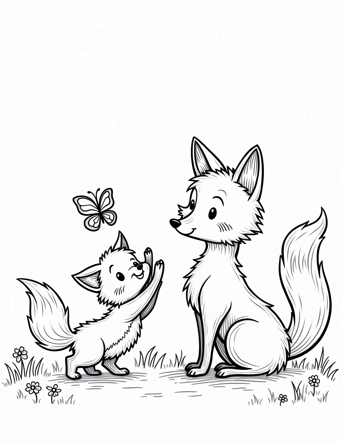 Fox Cub Learning to Hunt -- prompt: "black lines only Playful line art of curious fox cub, paws outstretched, eyes fixed on fluttering butterfly. Watchful parent fox nearby, tail curled. Bold outlines, simple shapes. Sparse background elements—grass tufts, flowers. Perfect for coloring, encouraging creativity. Heartwarming scene captures family bond flat black lines, premium coloring page, coloring sheet, line drawing, Coloring Book, NO COLOR, NO SHADING, WHITE BACKGROUND. NO GRAY, BLACK AND WHITE, NO COLOR" -- This educational coloring page shows a young fox cub learning to hunt. The cub is in a pouncing position, focused on a butterfly fluttering nearby. In the background, an adult fox watches proudly. It's a great way to illustrate natural behaviors and growing up.