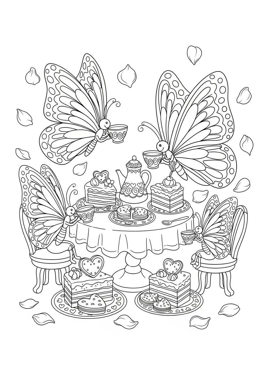 16. Butterfly Tea Party Coloring Page -- prompt: "black lines only Cheerful butterflies with patterned wings gather around miniature garden table, delicately holding tiny teacups with curved handles, surrounded by small cakes, cookies, flower petals, bold black outlines, clean white background, simple shapes perfect for coloring flat black lines, premium coloring page, coloring sheet, line drawing, Coloring Book, NO COLOR, NO SHADING, WHITE BACKGROUND. NO GRAY, BLACK AND WHITE, NO COLOR" -- Join a whimsical tea party where butterflies are the honored guests in this imaginative coloring page. Tiny teacups, saucers, and treats are arranged on a garden table while butterflies flutter nearby. This charming scene combines fantasy with nature in a delightful way.