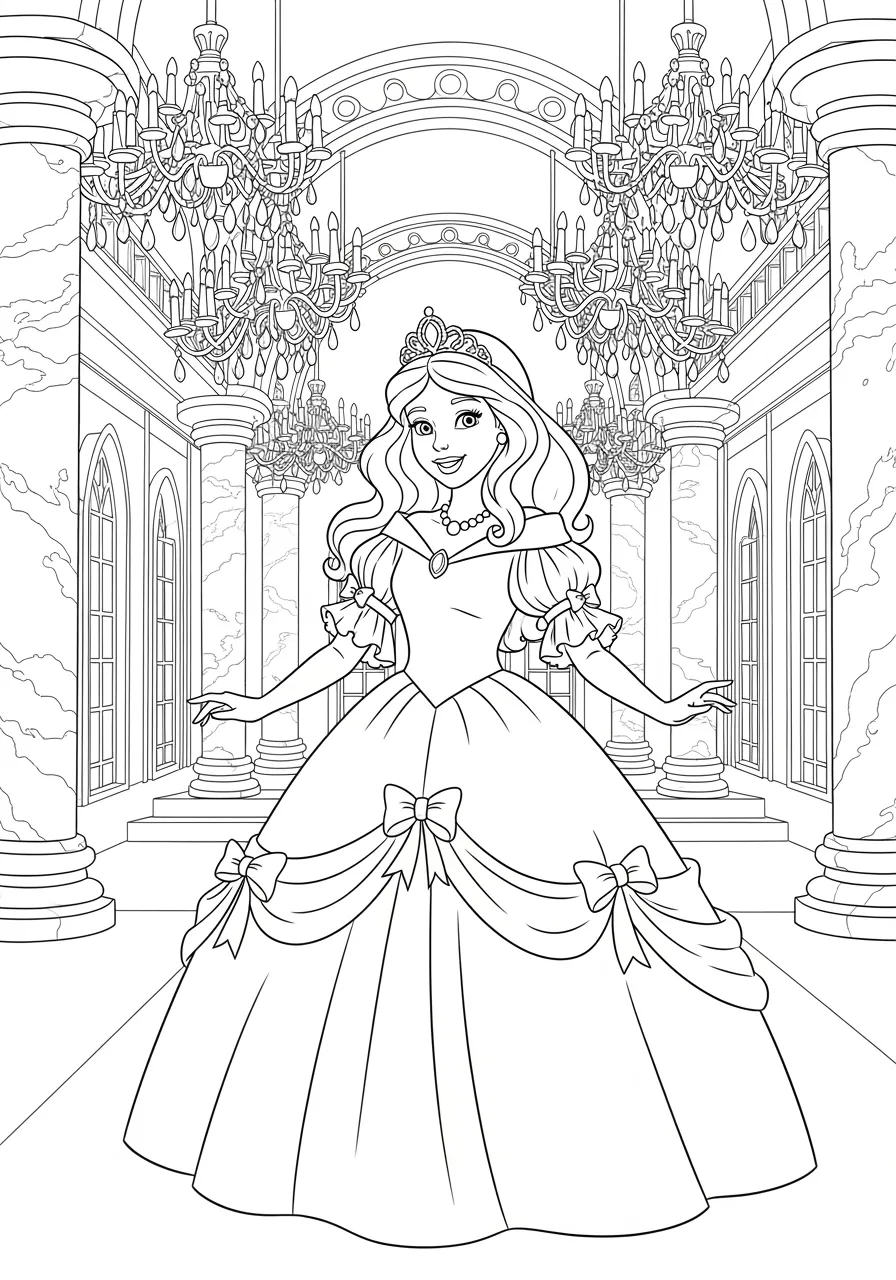 Elegant Princess in Ball Gown Coloring Page -- prompt: "black lines only A smiling princess in flowing layered ball gown with puffy sleeves, sparkling tiara with gems, standing in grand castle ballroom with ornate columns, chandeliers, and decorative arches, black outlines, simple shapes, coloring book style flat black lines, premium coloring page, coloring sheet, line drawing, Coloring Book, NO COLOR, NO SHADING, WHITE BACKGROUND. NO GRAY, BLACK AND WHITE, NO COLOR" -- This stunning coloring page features a graceful princess wearing an elaborate ball gown with flowing layers and intricate details. Her hair is styled in an elegant updo adorned with a sparkling tiara. The design includes beautiful decorative elements like roses and swirls that frame the princess perfectly.
