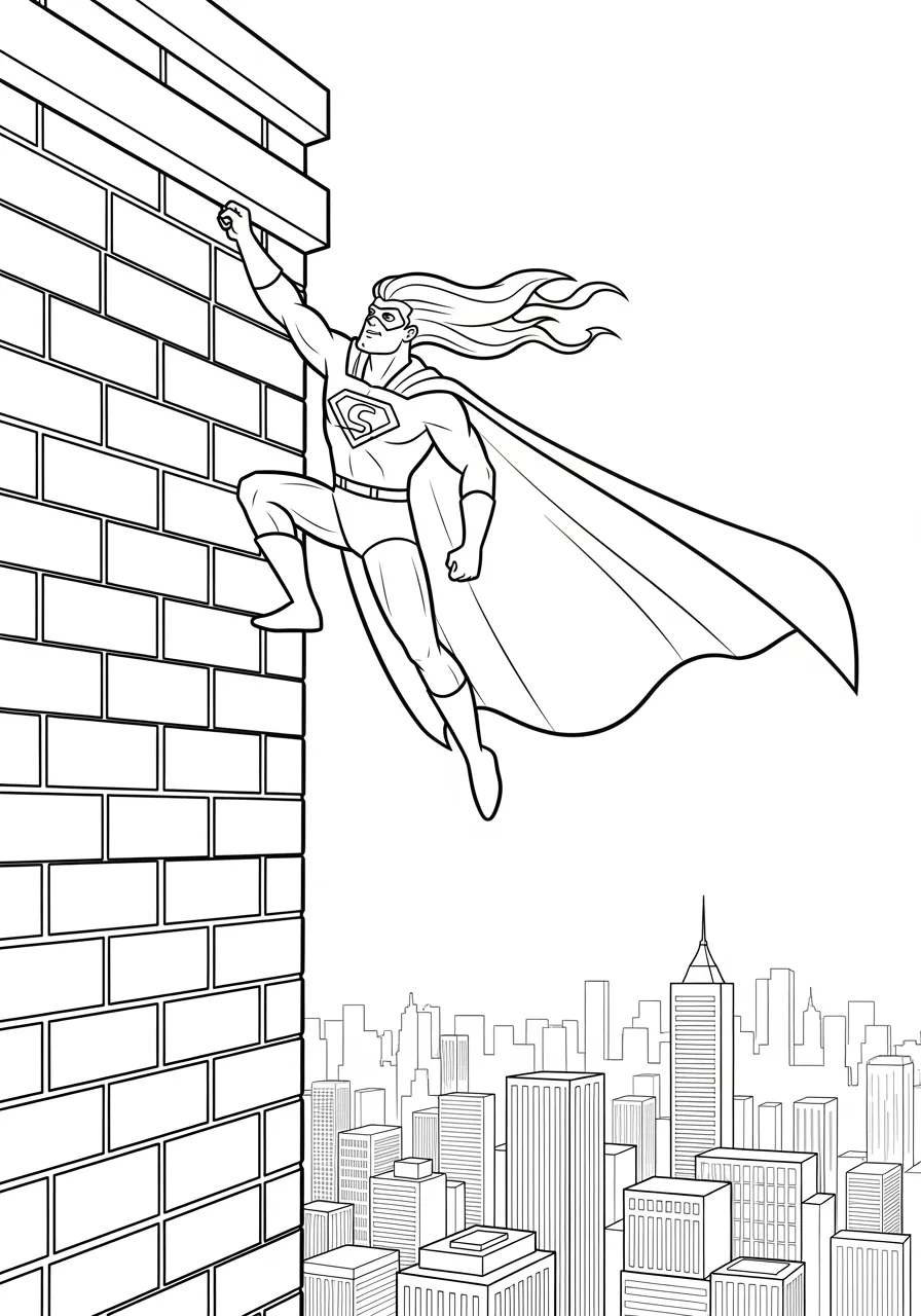 Gravity Control Hero Walking on Walls Coloring Page -- prompt: "black lines only Bold superhero with gravity powers defying physics, walking up brick skyscraper wall, cape billowing upward while hair flows sideways, cityscape below, thick black outlines, simple shapes, clear spaces for coloring, cheerful cartoon style illustration flat black lines, premium coloring page, coloring sheet, line drawing, Coloring Book, NO COLOR, NO SHADING, WHITE BACKGROUND. NO GRAY, BLACK AND WHITE, NO COLOR" -- Defy the laws of physics with this amazing superhero who can control gravity and walk on any surface. The hero confidently strides up a vertical wall while their cape and hair flow in impossible directions due to altered gravity fields. This mind-bending scene offers a unique coloring experience that challenges perspective and spatial thinking.