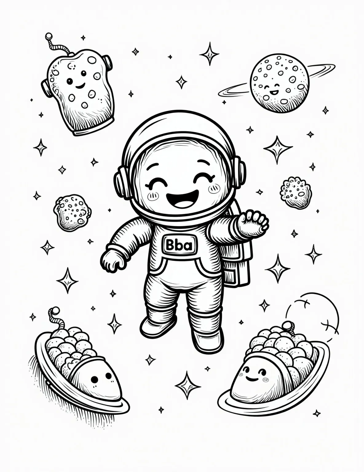 Boba Tea Astronaut's Space Station -- prompt: "black lines only Adorable astronaut boba cup character with bold outlines explores space station. Thick-lined floating tapioca pearls, quirky futuristic tea makers, and playful alien gadgets fill the scene. Simple shapes and patterns create a charming, easy-to-color adventure in zero gravity. flat black lines, premium coloring page, coloring sheet, line drawing, Coloring Book, NO COLOR, NO SHADING, WHITE BACKGROUND. NO GRAY, BLACK AND WHITE, NO COLOR" -- Blast off into a stellar adventure with this detailed space-themed coloring page. A boba cup astronaut floats through a high-tech space station, surrounded by futuristic gadgets and floating tapioca pearls. Look closely to spot the Earth viewed through a bubble-shaped window and a pet alien made of tea leaves.