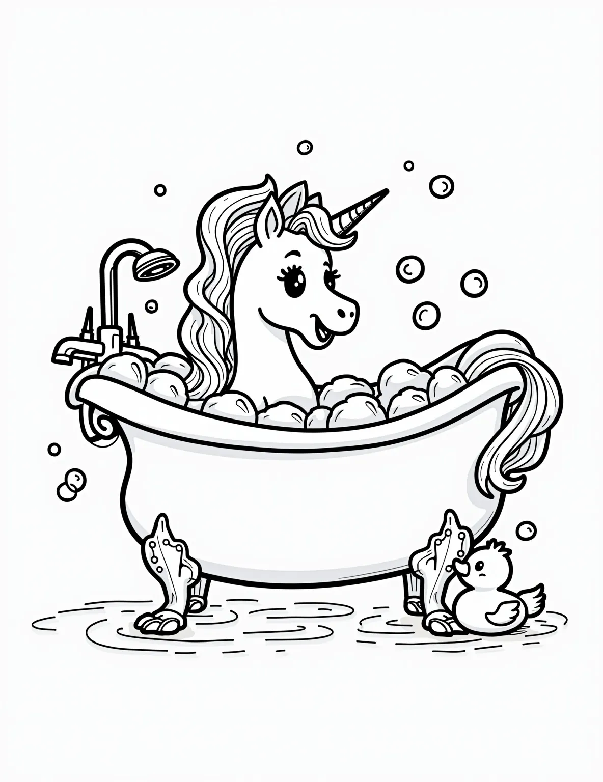 Unicorn's Bubble Bath Bonanza -- prompt: "black lines only Cheerful unicorn lounging in oversized bathtub, surrounded by giant, simple bubble outlines. Rainbow mane and tail flow playfully. Rubber ducky floats nearby. Bold black lines define shapes. Blank spaces invite coloring. Whimsical bathroom setting with cartoon-style fixtures. Unicorn wears shower cap, flat black lines, premium coloring page, coloring sheet, line drawing, Coloring Book, NO COLOR, NO SHADING, WHITE BACKGROUND. NO GRAY, BLACK AND WHITE, NO COLOR" -- Splish, splash! This delightful coloring page features a playful unicorn enjoying a bubble bath filled with simple, circular bubbles. The unicorn's expression of joy and the easy-to-color bubble shapes make this page perfect for toddlers. It's a fun way to combine the magic of unicorns with the familiar concept of bath time.