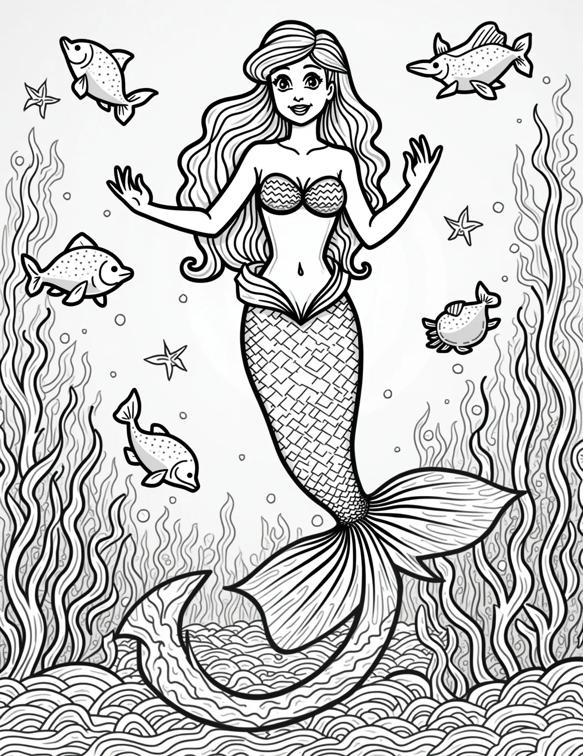 Ariel's Underwater Easter Treasure Hunt -- prompt: "black lines only Ariel, with flowing hair and scales, leads colorful fish through ornate coral reefs. Bold outlines frame Easter egg shapes hidden among swirling seaweed. Playful dolphins, starfish, and crabs join the hunt. Bubbles and waves create patterns perfect for coloring. Simplified underwater scene ready for creative embellishment. flat black lines, premium coloring page, coloring sheet, line drawing, Coloring Book, NO COLOR, NO SHADING, WHITE BACKGROUND. NO GRAY, BLACK AND WHITE, NO COLOR" -- Dive into an underwater Easter celebration with Ariel in this unique coloring page. Ariel and her fish friends are on a treasure hunt for sunken Easter eggs. Colorful coral and sea plants are decorated to look like Easter decorations.