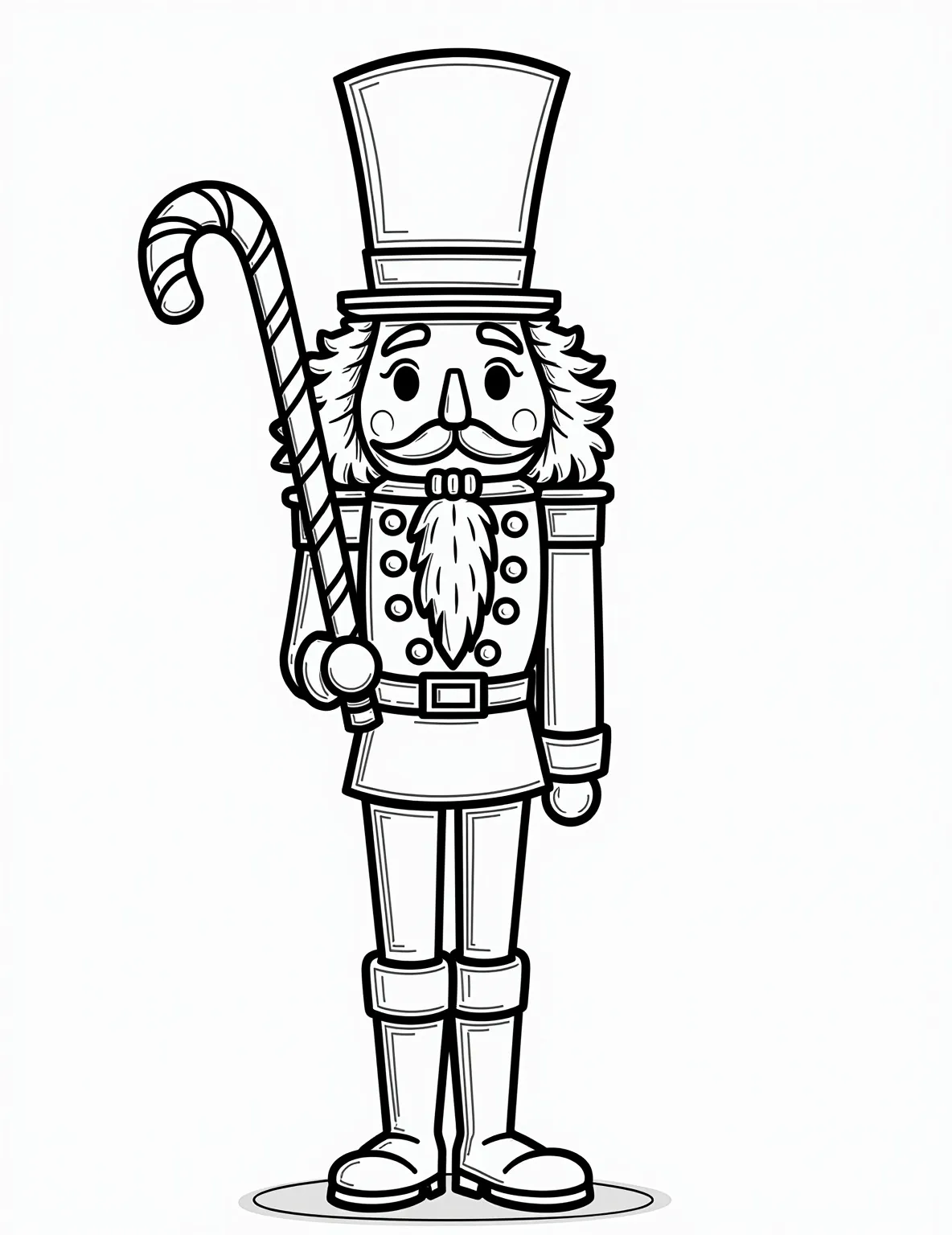 Nutcracker Guard with Christmas Light Coloring Page -- prompt: "black lines only Jolly nutcracker soldier with exaggerated features, bold outlines, and simple shapes. Festive Christmas lights wind around his tall hat and uniform. Large, empty spaces for coloring. Cheerful expression, oversized mustache, and comically large boots. Candy cane sword at attention. flat black lines, premium coloring page, coloring sheet, line drawing, Coloring Book, NO COLOR, NO SHADING, WHITE BACKGROUND. NO GRAY, BLACK AND WHITE, NO COLOR" -- This regal coloring page features a classic nutcracker figure standing guard, his uniform adorned with strings of twinkling Christmas lights. The nutcracker's stern expression contrasts wonderfully with the festive lights, creating a whimsical and charming scene. It's a perfect blend of tradition and holiday cheer.