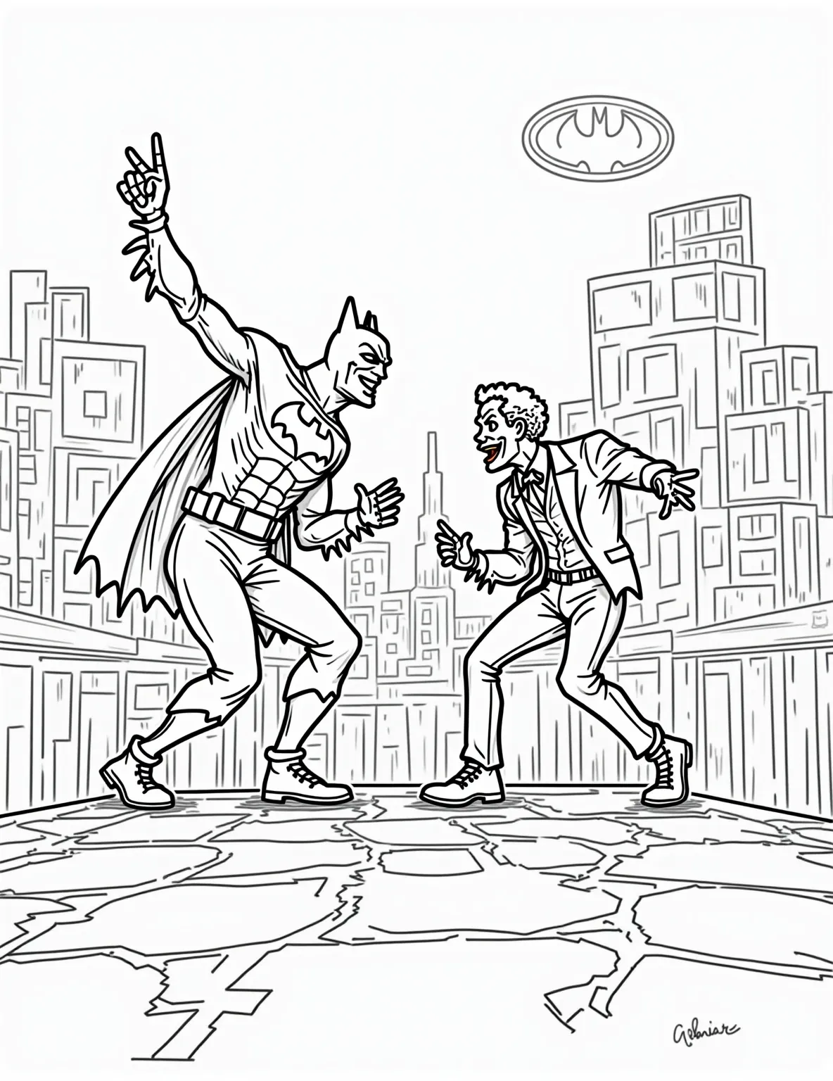 Batman vs. The Joker Showdown Coloring Page -- prompt: "black lines only Batman and Joker face off on Gotham rooftop, bold outlines perfect for coloring. Cityscape backdrop with exaggerated buildings. Playful, cartoonish expressions on characters. Bat-signal illuminates sky. Oversized props scattered around. Simplified shapes and patterns create engaging coloring page. Fun, accessible design for all ages. flat black lines, premium coloring page, coloring sheet, line drawing, Coloring Book, NO COLOR, NO SHADING, WHITE BACKGROUND. NO GRAY, BLACK AND WHITE, NO COLOR" -- Bring to life the ultimate face-off between Batman and his arch-nemesis, The Joker. This intense coloring page showcases the two iconic characters locked in a battle of wits and strength. It's an excellent choice for those who enjoy coloring contrasting characters and expressions.