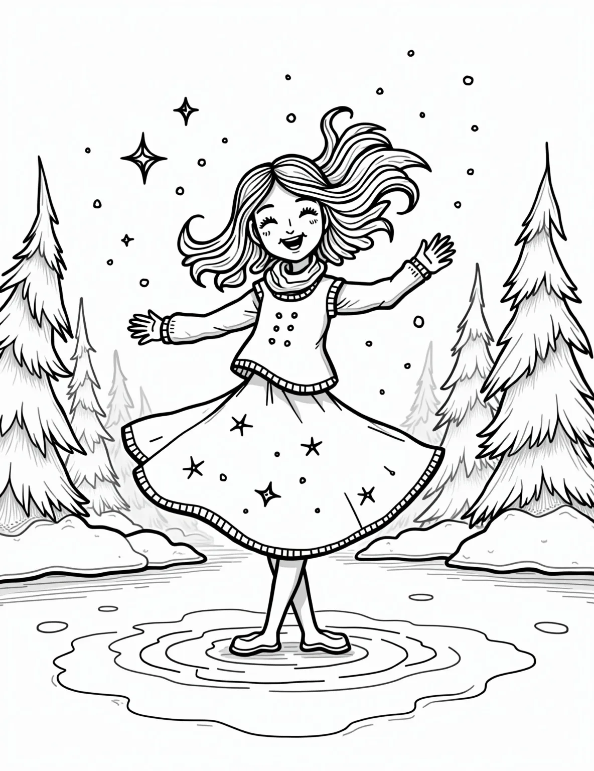 Ice Skater Girl's Winter Performance -- prompt: "black lines only Charming coloring page: graceful girl twirling on frozen lake. Exaggerated swirling lines form her flared skirt, flowing hair. Bold outlines of snowflakes, pine trees frame scene. Simple yet expressive facial features capture joy. Empty spaces await vibrant colors. Fun winter wonderland flat black lines, premium coloring page, coloring sheet, line drawing, Coloring Book, NO COLOR, NO SHADING, WHITE BACKGROUND. NO GRAY, BLACK AND WHITE, NO COLOR" -- Glide into winter fun with this graceful ice skater girl coloring page. The young performer is captured mid-spin on a frozen lake, her costume sparkling with intricate details. Snowflakes and bare trees in the background set a serene winter scene.