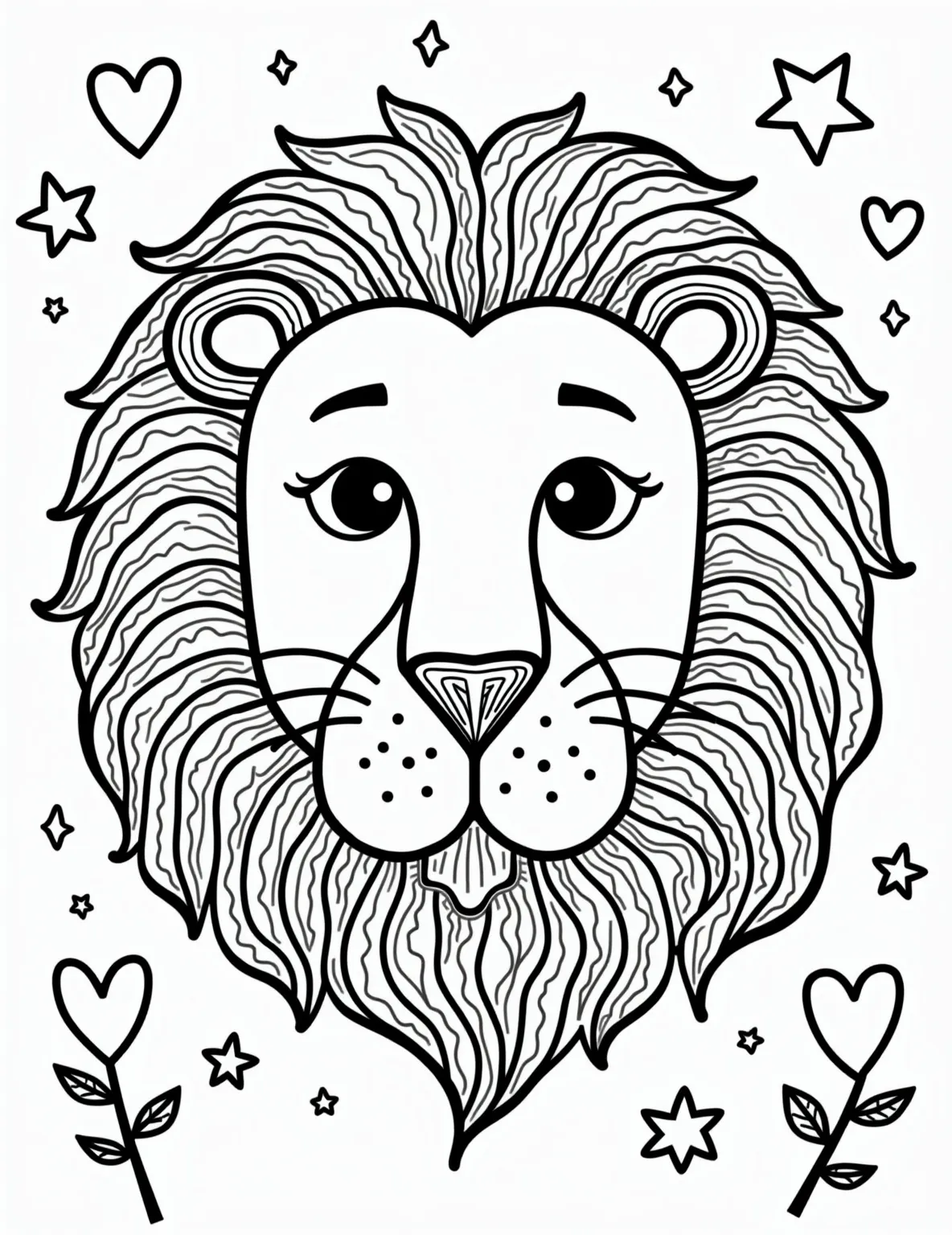 Stained Glass Lion -- prompt: "black lines only Lion's majestic face framed by flowing mane, bold black outlines perfect for coloring. Playful geometric shapes form eyes, nose, whiskers. Mane swirls with various patterns—spirals, zigzags, waves. Background filled with simple shapes—stars, hearts, flowers. Inviting design sparks creativity flat black lines, premium coloring page, coloring sheet, line drawing, Coloring Book, NO COLOR, NO SHADING, WHITE BACKGROUND. NO GRAY, BLACK AND WHITE, NO COLOR" -- This artistic coloring page presents a lion in a stained glass style. The image is divided into geometric shapes, each ready to be filled with vibrant colors. This unique approach combines the majesty of the lion with the beauty of stained glass art.