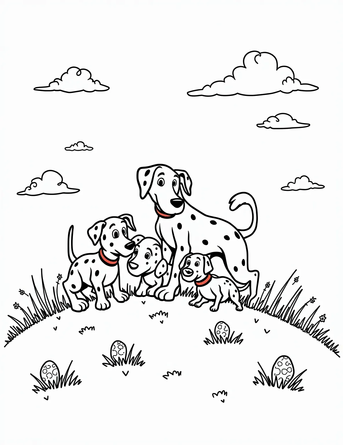 101 Dalmatians Easter Egg Roll -- prompt: "black lines only Playful Dalmatian family on a sun-dappled hill, outlined in bold black strokes. Pongo, Perdita, and puppies nudge spotted eggs with noses and paws. Simple, clean shapes form grass, flowers, and fluffy clouds. Perfect for coloring, with empty spaces awaiting vibrant hues. flat black lines, premium coloring page, coloring sheet, line drawing, Coloring Book, NO COLOR, NO SHADING, WHITE BACKGROUND. NO GRAY, BLACK AND WHITE, NO COLOR" -- The 101 Dalmatians bring chaos and fun to Easter in this lively coloring page. Pongo, Perdita, and several puppies are participating in an Easter egg roll, with spotted eggs adding to the confusion. The scene is full of energy and playful details.