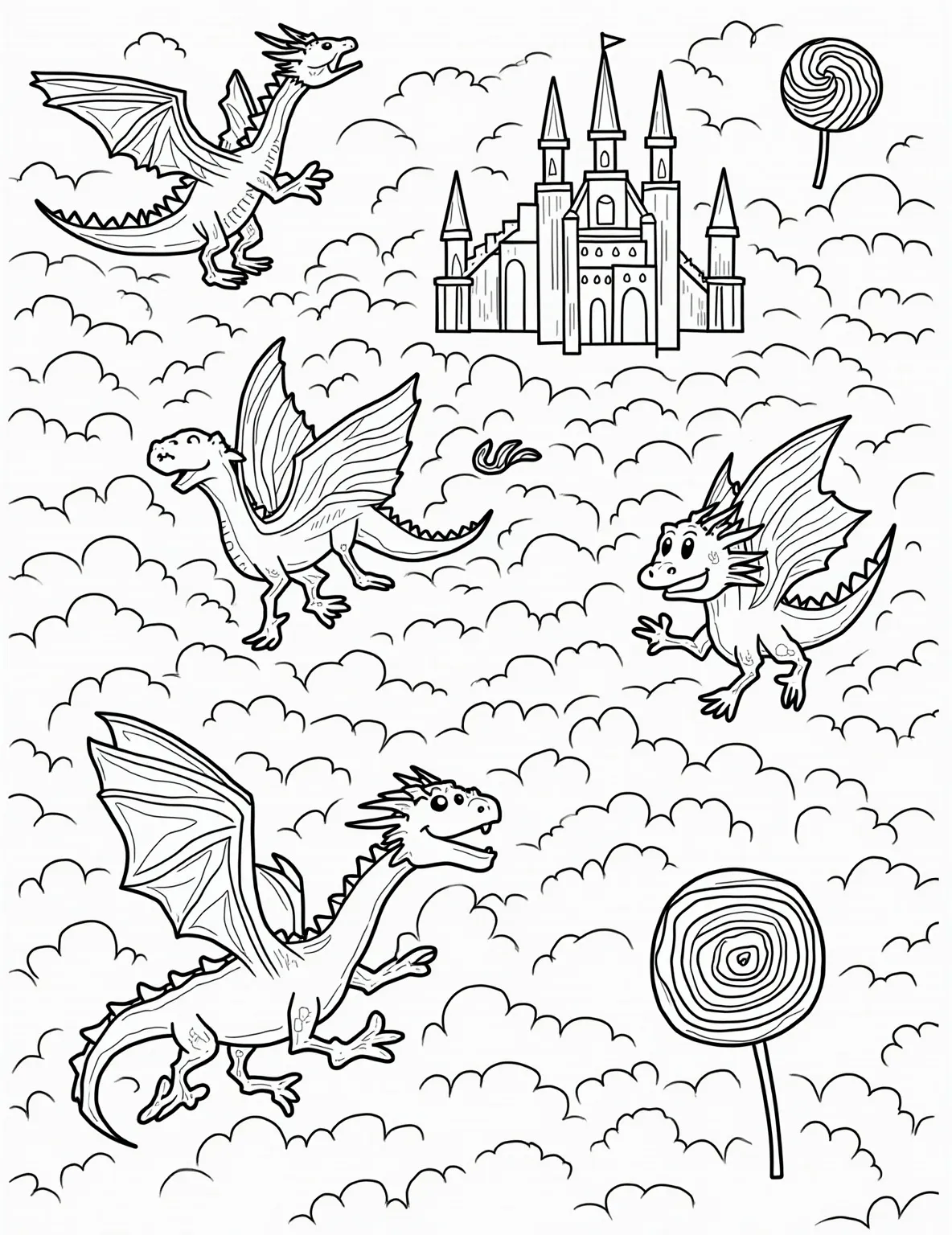 Dragon Races in the Sky -- prompt: "black lines only Playful dragons with bold outlines soar through puffy cloud mazes. Scales, wings, and horns exaggerated for easy coloring. Swirling air currents guide young artists' crayons. Whimsical obstacles like floating castles and giant lollipops challenge racers. A fun, fantastical scene ready for vibrant hues. flat black lines, premium coloring page, coloring sheet, line drawing, Coloring Book, NO COLOR, NO SHADING, WHITE BACKGROUND. NO GRAY, BLACK AND WHITE, NO COLOR" -- Experience the thrill of aerial competition with this dynamic coloring page featuring multiple dragons engaged in a high-speed race through the clouds. Each dragon has a unique design and color scheme, allowing for creative coloring possibilities. This action-packed scene is perfect for older children and adults who enjoy bringing motion and energy to their coloring projects.