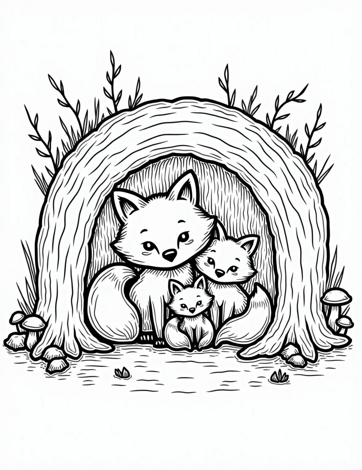 Family of Foxes in Their Den -- prompt: "black lines only Adorable fox family in a cozy underground den. Papa fox vigilantly guards entrance. Mama and kits cuddle in circular formation. Simple, bold outlines perfect for coloring. Playful details like acorns, mushrooms, and tree roots surround den. Warm, nurturing atmosphere radiates throughout the scene. flat black lines, premium coloring page, coloring sheet, line drawing, Coloring Book, NO COLOR, NO SHADING, WHITE BACKGROUND. NO GRAY, BLACK AND WHITE, NO COLOR" -- This heartwarming coloring page showcases a family of foxes in their cozy den. A mother fox cuddles with her kits while the father fox stands guard at the entrance. It's a touching scene that highlights the family dynamics of these fascinating creatures.