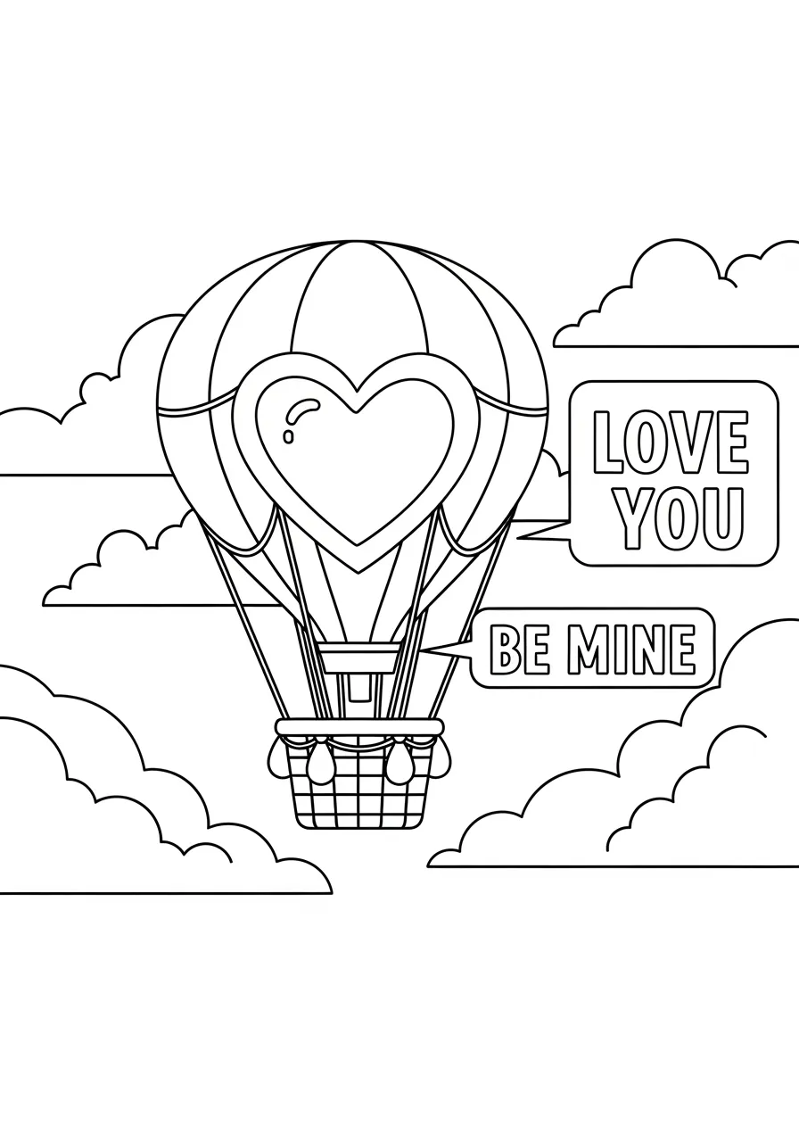 Valentine Hot Air Balloon Adventure Coloring Page -- prompt: "black lines only Fun coloring book style page featuring large heart-patterned hot air balloon floating among puffy clouds, with curvy valentine messages like LOVE YOU and BE MINE written across sky, thick black outlines, simple shapes perfect for coloring flat black lines, premium coloring page, coloring sheet, line drawing, Coloring Book, NO COLOR, NO SHADING, WHITE BACKGROUND. NO GRAY, BLACK AND WHITE, NO COLOR" -- A whimsical hot air balloon decorated with heart patterns soars through a sky filled with fluffy clouds and floating valentine messages. This imaginative design encourages children to dream big while celebrating love and friendship in a magical setting. The combination of adventure and valentine themes makes this coloring page both exciting and heartwarming for young explorers.