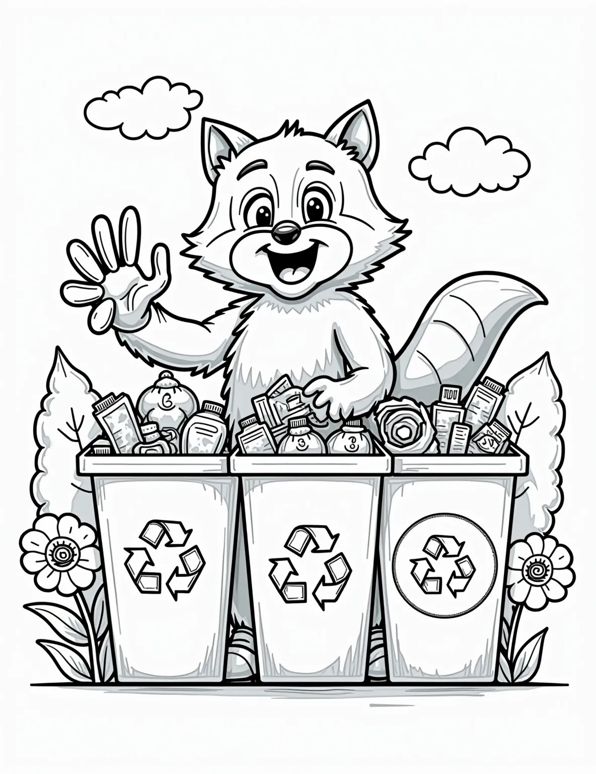 Rocky's Recycling Sorting Challenge -- prompt: "black lines only Rocky, a cheerful cartoon raccoon, oversees a vibrant recycling center. Bold outlines frame colorful sorting bins, each adorned with playful symbols. Recyclable items scatter around, waiting to be sorted. Smiling flowers and trees border the scene, creating an eco-friendly wonderland for children to color flat black lines, premium coloring page, coloring sheet, line drawing, Coloring Book, NO COLOR, NO SHADING, WHITE BACKGROUND. NO GRAY, BLACK AND WHITE, NO COLOR" -- Join Rocky in his mission to keep Adventure Bay clean with this educational coloring page! The scene shows Rocky overseeing a large recycling center with various bins for different materials. Children will learn about proper recycling practices while coloring this detailed and eco-friendly Paw Patrol scene.