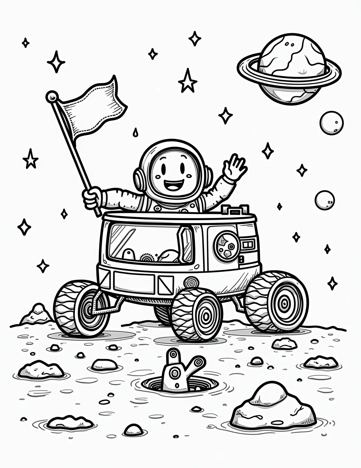 Lunar Landing Module -- prompt: "black lines only Chunky lunar lander with bold outlines on moon's cratered surface. Astronaut planting flag, Earth in sky. Starry background with simple shapes. Thick lines define lunar rocks, module details. Empty spaces invite coloring. Playful, educational scene celebrating space exploration. flat black lines, premium coloring page, coloring sheet, line drawing, Coloring Book, NO COLOR, NO SHADING, WHITE BACKGROUND. NO GRAY, BLACK AND WHITE, NO COLOR" -- Step back in time to the historic moon landings with this detailed coloring page of a lunar module. The intricate design of the spacecraft on the moon's surface offers a challenging and rewarding coloring experience. It's perfect for those interested in the history of space exploration.