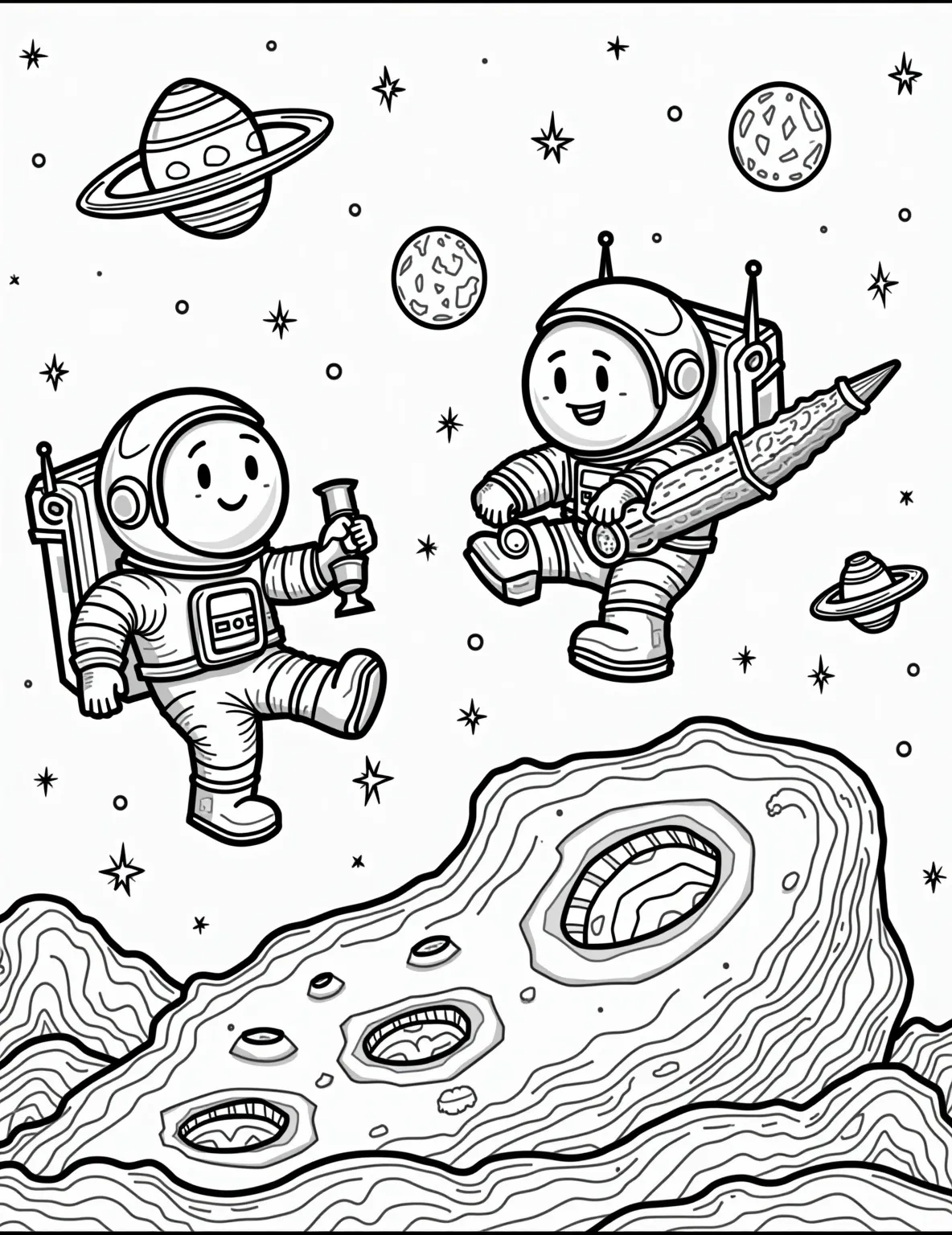 Asteroid Mining Operation -- prompt: "black lines only Playful line art depicts asteroid mining scene. Chunky astronauts float, wielding oversized drills. Cartoonish spaceships hover nearby. Exaggerated machinery extracts sparkly gems. Starry background with grinning planets. Bold outlines perfect for coloring. Asteroid surface textured with craters and swirls. flat black lines, premium coloring page, coloring sheet, line drawing, Coloring Book, NO COLOR, NO SHADING, WHITE BACKGROUND. NO GRAY, BLACK AND WHITE, NO COLOR" -- Explore the potential future of space industry with this innovative coloring page. It depicts a mining operation on an asteroid, complete with futuristic machinery and space-suited workers. This page offers a unique blend of science fiction and potential reality.