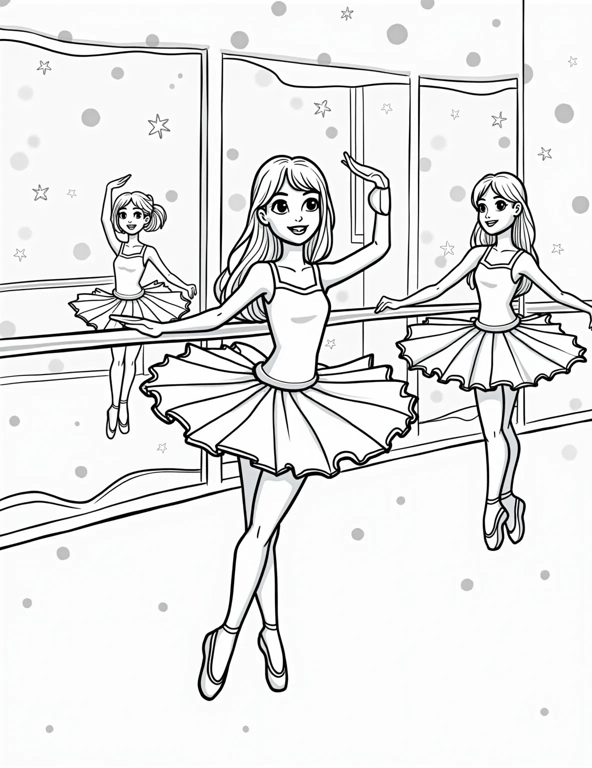 Ballet Class at the Barre Coloring Page -- prompt: "black lines only Cheerful ballerinas with exaggerated tutus and pointe shoes line up at a curvy barre. Simplified mirror reflections and large windows frame the scene. Bold outlines define graceful poses and smiling faces. Playful patterns adorn the studio floor and walls, ready for coloring. Remember to complete the phrase and end it naturally within the 40-word limit. flat black lines, premium coloring page, coloring sheet, line drawing, Coloring Book, NO COLOR, NO SHADING, WHITE BACKGROUND. NO GRAY, BLACK AND WHITE, NO COLOR" -- This classic ballet scene shows a line of dancers at the barre, practicing their technique. Each ballerina has a slightly different pose, offering variety in the repetition. The dance studio setting includes mirrors and windows, adding depth to the scene.