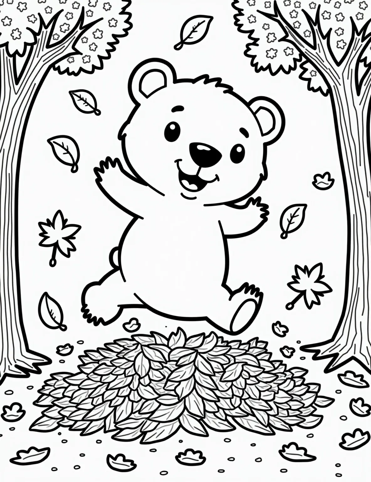 Bear's Autumn Leaf Pile -- prompt: "black lines only Chunky bear outline frolicking in swirling autumn leaf pile. Stylized maple, oak trees frame scene. Bold, simple shapes perfect for coloring. Playful expression on bear's face. Leaves float mid-air. Thick black lines define each element. Fun, childlike energy throughout. Coloring book page flat black lines, premium coloring page, coloring sheet, line drawing, Coloring Book, NO COLOR, NO SHADING, WHITE BACKGROUND. NO GRAY, BLACK AND WHITE, NO COLOR" -- Celebrate the joys of autumn with this playful coloring page. A bear frolics in a huge pile of fallen leaves, tossing them into the air with glee. Surrounded by trees with changing colors, this scene is perfect for exploring fall hues and discussing seasonal changes.