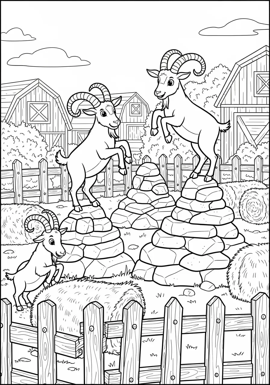 Friendly Farm Goats Playground Coloring Page -- prompt: "black lines only Three playful goats with curved horns leap between stacked stone boulders in a cheerful farmyard, surrounded by wooden fence posts, scattered hay bales, and simple barn structures, designed as bold black outlines perfect for children's coloring activities flat black lines, premium coloring page, coloring sheet, line drawing, Coloring Book, NO COLOR, NO SHADING, WHITE BACKGROUND. NO GRAY, BLACK AND WHITE, NO COLOR" -- These playful goats are having a blast climbing on rocks and exploring their farmyard playground. Their mischievous expressions and acrobatic poses capture the entertaining nature of these farm animals. This page is perfect for discussing farm life and animal care with children.