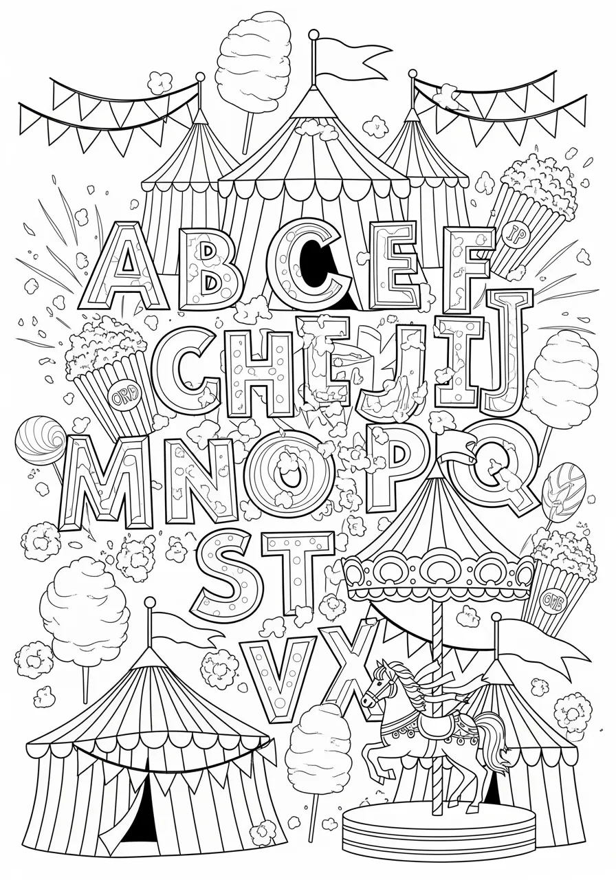 Vintage Carnival Alphabet Poster Coloring Page -- prompt: "black lines only Bold outlined alphabet letters carnival theme coloring page, circus tents with striped patterns, fluffy popcorn kernels, swirled cotton candy clouds, ornate carousel horses with flowing manes, vintage poster banners, thick black lines perfect for crayons, joyful festive atmosphere flat black lines, premium coloring page, coloring sheet, line drawing, Coloring Book, NO COLOR, NO SHADING, WHITE BACKGROUND. NO GRAY, BLACK AND WHITE, NO COLOR" -- Step right up to this nostalgic coloring page featuring circus-style alphabet letters from a vintage carnival poster! Each letter is decorated with old-fashioned carnival elements like striped tents, popcorn, cotton candy, and carousel horses. This retro design appeals to adults who love vintage Americana while offering a unique twist on traditional alphabet learning through entertainment history.