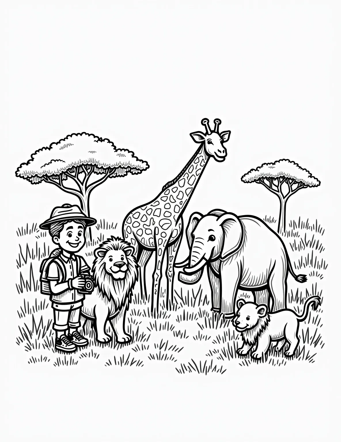 Safari Wildlife Photography Coloring Page -- prompt: "black lines only Cheerful young explorer, camera in hand, captures playful outlines of majestic African wildlife. Bold, thick lines define smiling lions, trumpeting elephants, and long-necked giraffes. Savanna grasses and acacia trees frame the scene. Empty spaces invite colorful imagination. Fun, educational coloring page flat black lines, premium coloring page, coloring sheet, line drawing, Coloring Book, NO COLOR, NO SHADING, WHITE BACKGROUND. NO GRAY, BLACK AND WHITE, NO COLOR" -- Embark on a wild adventure with this safari wildlife photography coloring page. It showcases a young boy photographer capturing images of exotic animals in their natural habitat. This page is perfect for boys who love nature, animals, and dream of becoming wildlife photographers.