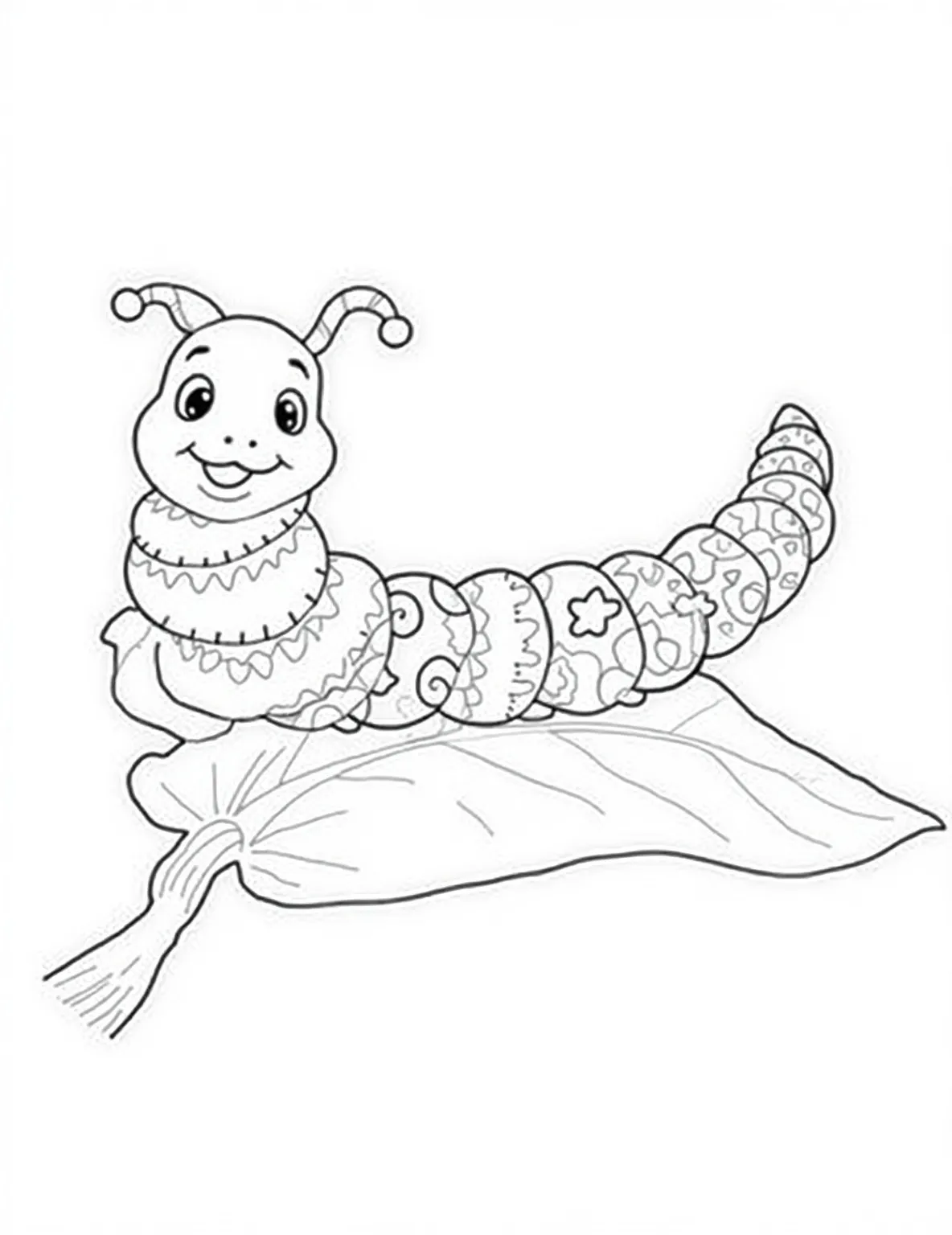 Counting Caterpillar Coloring Page -- prompt: "black lines only Cheerful caterpillar with 10 numbered segments, each boasting unique patterns: polka dots, stripes, swirls, and more. Crawling on a large, curvy leaf. Bold outlines, simple shapes, and empty spaces perfect for coloring. Smiling face and wiggly antennae add playful charm. flat black lines, premium coloring page, coloring sheet, line drawing, Coloring Book, NO COLOR, NO SHADING, WHITE BACKGROUND. NO GRAY, BLACK AND WHITE, NO COLOR" -- This adorable caterpillar is made up of 10 numbered segments, perfect for little ones learning to count. Each segment features a different pattern, encouraging creativity as children color. The caterpillar's friendly face and tiny legs add charm to this educational coloring page.