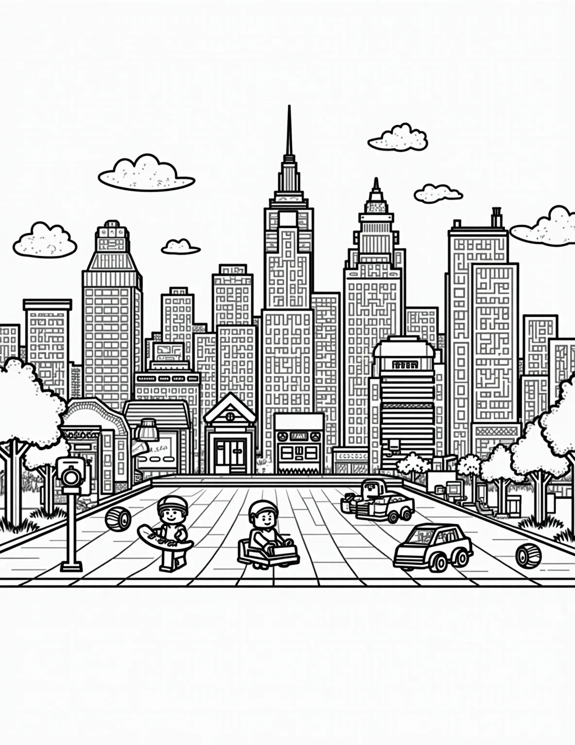 Lego City Skyline Coloring Page -- prompt: "black lines only A vibrant Lego city skyline coloring page. Bold outlines define skyscrapers, houses, and iconic buildings. Playful details like tiny Lego figures, vehicles, and trees dot the scene. Empty spaces invite creativity, while subtle brick textures add depth. A joyful urban landscape awaits colorful imagination. flat black lines, premium coloring page, coloring sheet, line drawing, Coloring Book, NO COLOR, NO SHADING, WHITE BACKGROUND. NO GRAY, BLACK AND WHITE, NO COLOR" -- Bring a bustling Lego metropolis to life with this detailed city skyline coloring page. From towering skyscrapers to charming houses, this urban landscape is filled with Lego-style buildings waiting for your creative touch. It's perfect for those who love architecture and city life.