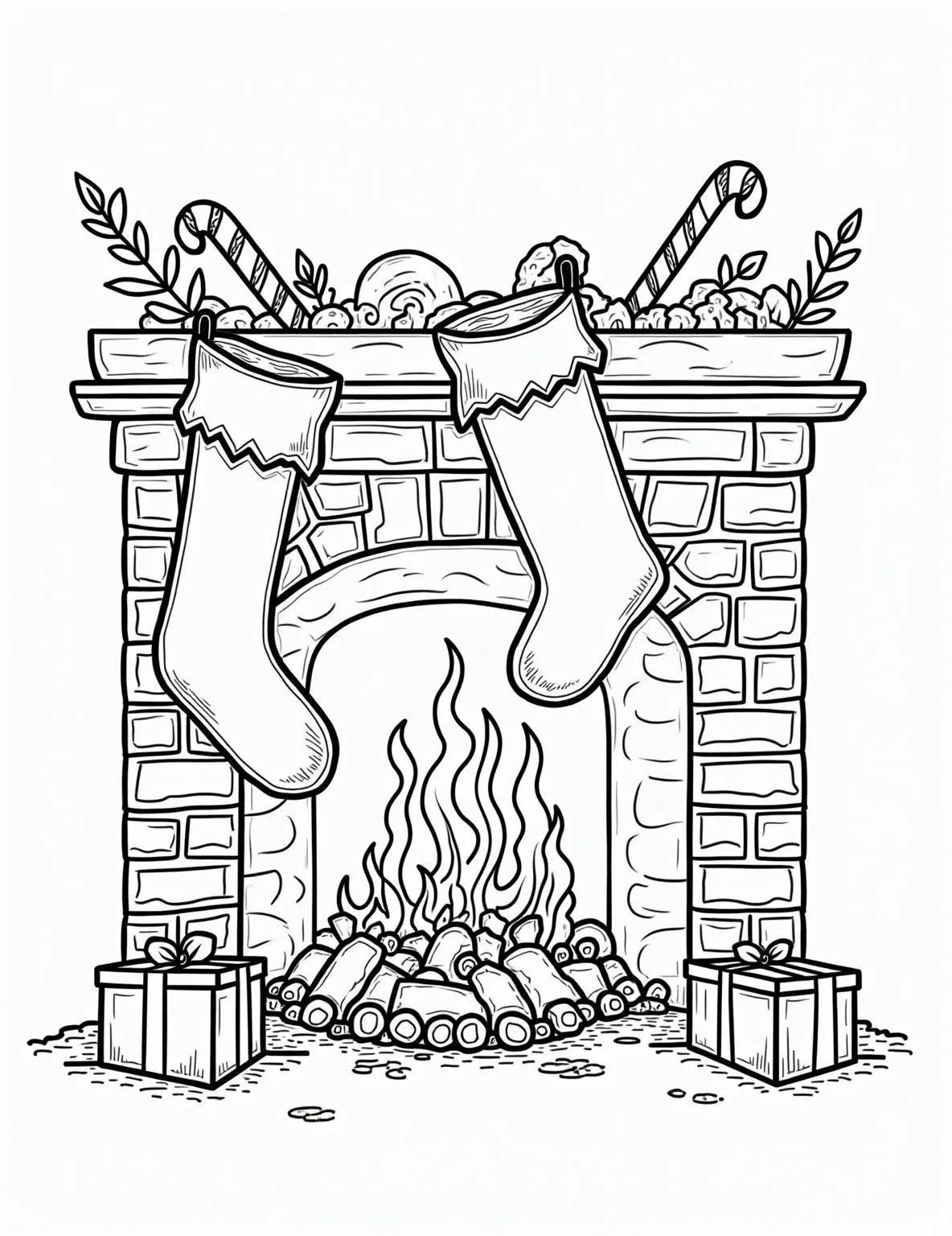 Christmas Stocking Stuffers Coloring Page -- prompt: "black lines only Oversized Christmas stockings with exaggerated outlines hung by a chunky fireplace. Candy canes, toy trains, and gift boxes spill out in bold, simple shapes. Flames dance in thick, wavy lines. Holly and mistletoe border the scene. Perfect for coloring and decorating with festive cheer. flat black lines, premium coloring page, coloring sheet, line drawing, Coloring Book, NO COLOR, NO SHADING, WHITE BACKGROUND. NO GRAY, BLACK AND WHITE, NO COLOR" -- Explore the tradition of Christmas stockings with this charming coloring page. The scene shows a fireplace with stockings hung, overflowing with small gifts and treats. It's a fun way for children to imagine what Santa might bring in their own stockings.