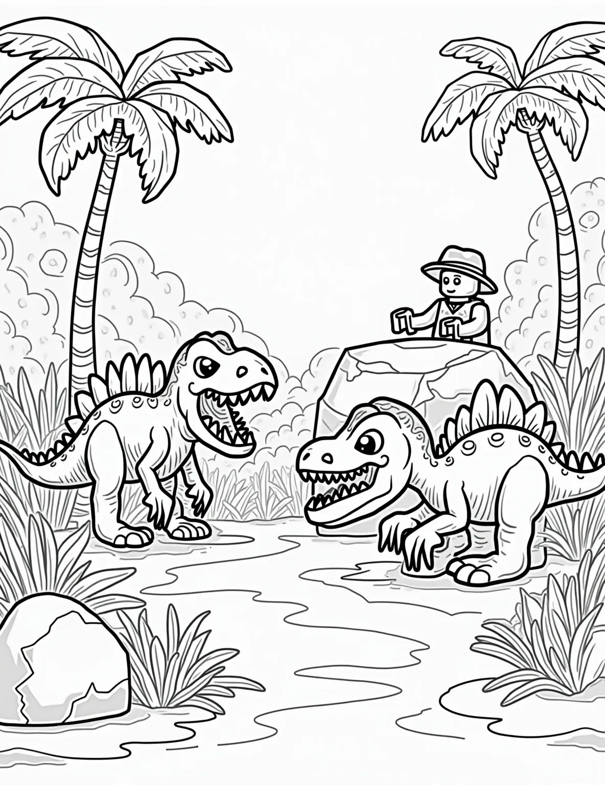 Lego Dinosaur Adventure Coloring Page -- prompt: "black lines only Coloring page featuring blocky Lego dinosaurs roaming a simplified jungle. Thick outlines define palm trees and ferns. Explorer minifigures peek from behind a large rock, their expressions comically exaggerated. Empty spaces invite creative coloring. Playful scene balances adventure and childlike wonder. A fun, imaginative prehistoric playground awaits vibrant hues. flat black lines, premium coloring page, coloring sheet, line drawing, Coloring Book, NO COLOR, NO SHADING, WHITE BACKGROUND. NO GRAY, BLACK AND WHITE, NO COLOR" -- Embark on a prehistoric journey with this thrilling Lego dinosaur adventure coloring page. The scene depicts a variety of Lego-style dinosaurs roaming through a lush jungle landscape, with explorer minifigures observing from a safe distance. This action-packed coloring page is sure to delight dinosaur enthusiasts of all ages, offering a perfect blend of education and entertainment.