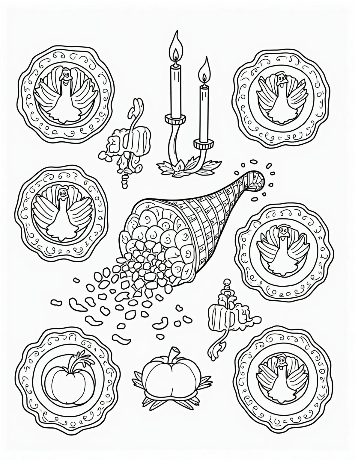 Thanksgiving Table Setting Coloring Page -- prompt: "black lines only Thanksgiving table transformed into a playful coloring page. Bold outlines of ornate plates, swirling napkin patterns, and flickering candle flames. Centerpiece bursting with pumpkins, leaves, and cornucopias. Empty spaces await vibrant hues. Joyful, family-friendly design celebrates autumn's bounty. flat black lines, premium coloring page, coloring sheet, line drawing, Coloring Book, NO COLOR, NO SHADING, WHITE BACKGROUND. NO GRAY, BLACK AND WHITE, NO COLOR" -- Focus on the details of a festive Thanksgiving table with this elegant coloring page. The scene includes a beautifully set table with fine china, cloth napkins, candles, and a centerpiece. This page is perfect for discussing table manners, family heirlooms, and the art of hosting a special meal.