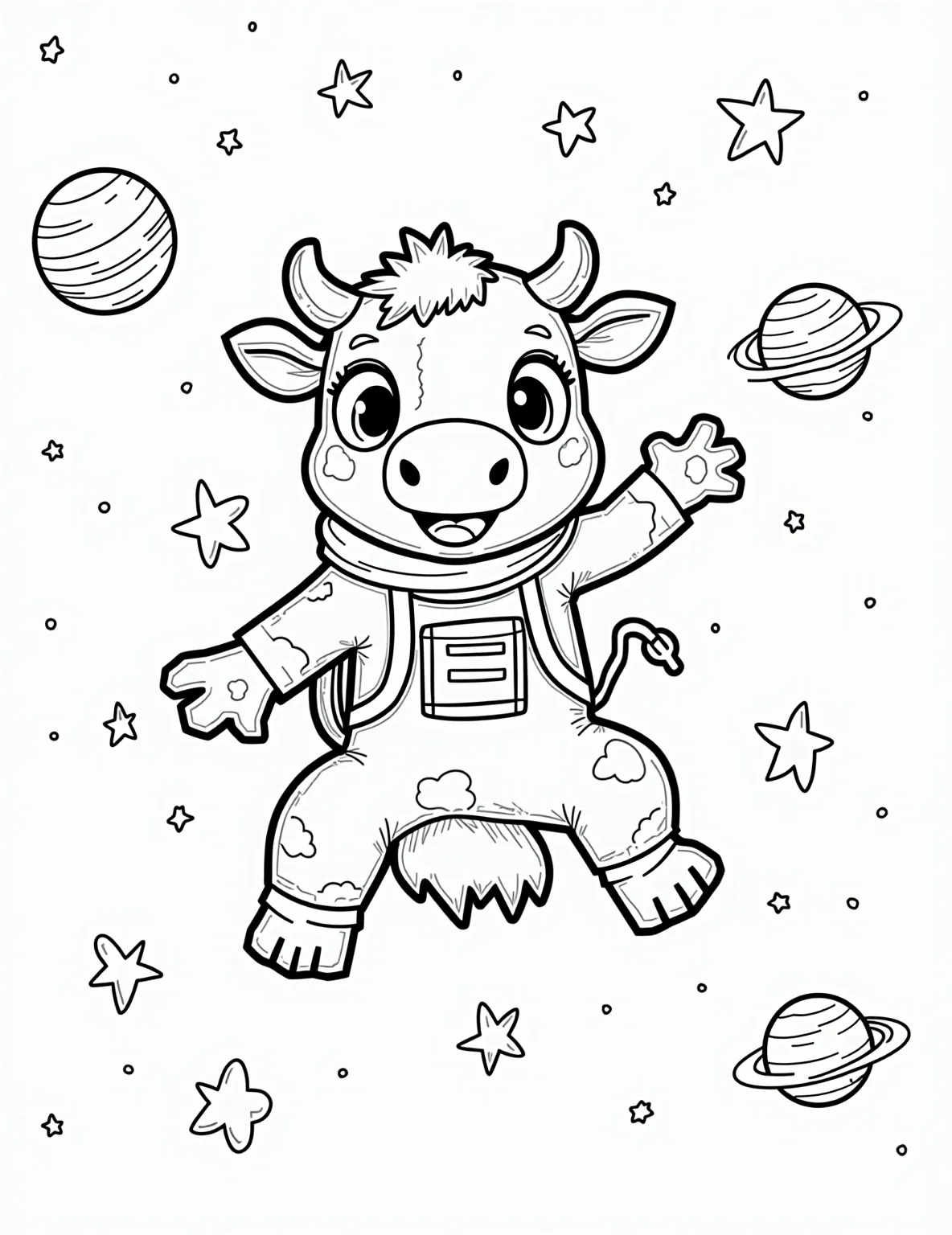 Cow Astronaut in Space -- prompt: "black lines only Adorable cartoon cow in bulbous spacesuit, floating amidst chunky planets and twinkling stars. Bold outlines perfect for coloring. Cheerful expression, udders comically squished in suit. Swirling galaxy background with simple shapes. Playful astronaut theme for kids' coloring fun. flat black lines, premium coloring page, coloring sheet, line drawing, Coloring Book, NO COLOR, NO SHADING, WHITE BACKGROUND. NO GRAY, BLACK AND WHITE, NO COLOR" -- This out-of-this-world coloring page features a cow dressed as an astronaut floating in space. Stars, planets, and a spaceship in the background add to the cosmic adventure. It's a fun way to combine farm animals with space exploration.