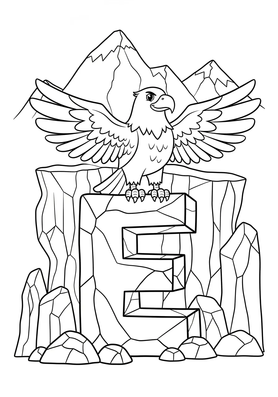 Energetic Eagle's Mountain Peak Expedition Coloring Page -- prompt: "black lines only Majestic golden eagle spreads bold wings atop rocky cliff formations spelling letter E, sharp mountain peaks rising behind, thick black outlines, simple geometric shapes, large open spaces for coloring, cheerful cartoon-style features, adventure-themed children's activity book illustration flat black lines, premium coloring page, coloring sheet, line drawing, Coloring Book, NO COLOR, NO SHADING, WHITE BACKGROUND. NO GRAY, BLACK AND WHITE, NO COLOR" -- Soar to new heights with this majestic 'E' coloring page showcasing a golden eagle perched on a rocky mountain ledge! The eagle's proud stance and spread wings create the letter E against a backdrop of towering peaks and fluffy clouds. This inspiring page combines wildlife education with letter learning, perfect for children who dream of flying high and exploring nature's wonders.
