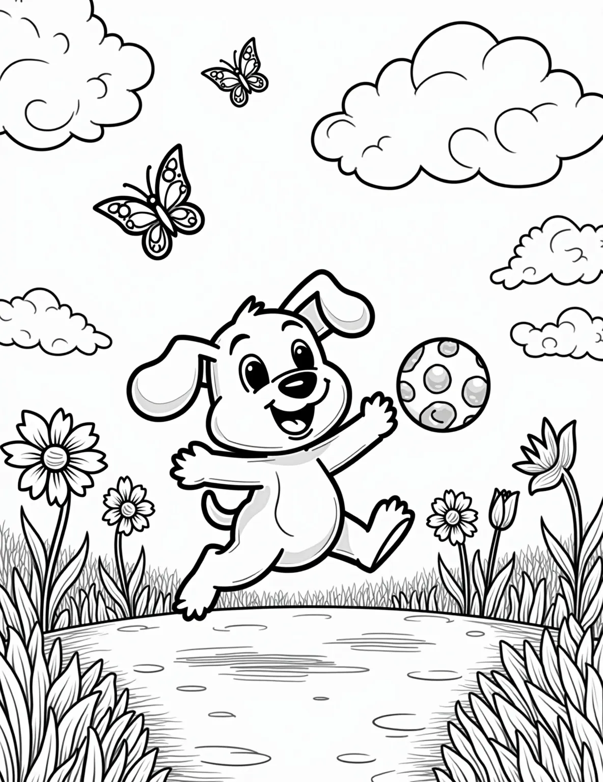 Playful Puppy at the Park Coloring Page -- prompt: "black lines only Playful puppy chasing a polka-dot ball through a whimsical park. Oversized daisies and tulips frame the scene. Cartoon butterflies with exaggerated wings flutter above. Thick, bold outlines define each element. Swirling grass patterns and fluffy cloud shapes await vibrant coloring. Cheerful flat black lines, premium coloring page, coloring sheet, line drawing, Coloring Book, NO COLOR, NO SHADING, WHITE BACKGROUND. NO GRAY, BLACK AND WHITE, NO COLOR" -- This charming coloring page features a lively puppy frolicking in a sunny park. The pup's wagging tail and bright eyes convey pure joy as it plays with a colorful ball. Surrounded by grass, flowers, and a few butterflies, this scene captures the essence of puppy playfulness.