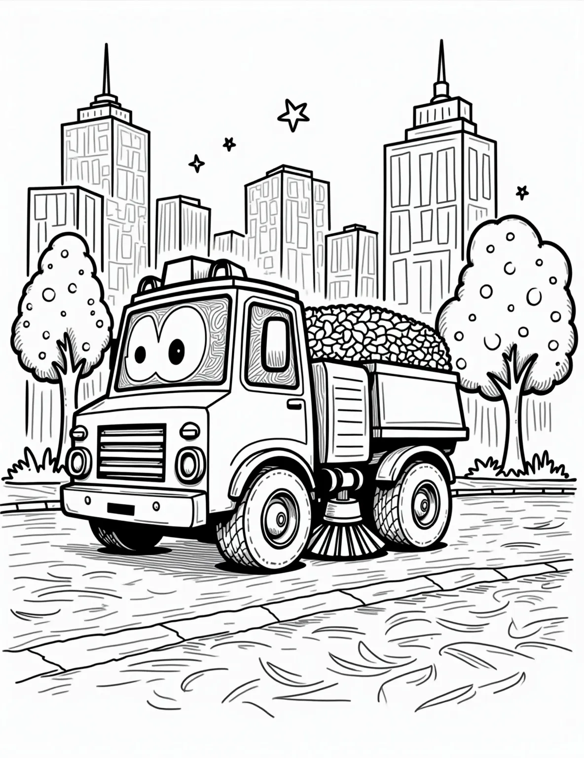 Street Sweeper Truck -- prompt: "black lines only Cheerful street sweeper truck with cartoonish eyes, oversized brushes, and exaggerated leaf-catching mechanism. Bold outlines define city buildings, trees, and smiling pedestrians. Swirling patterns of leaves and debris create playful paths. Large, simple shapes perfect for coloring. Fun, child-friendly scene flat black lines, premium coloring page, coloring sheet, line drawing, Coloring Book, NO COLOR, NO SHADING, WHITE BACKGROUND. NO GRAY, BLACK AND WHITE, NO COLOR" -- Clean up your coloring routine with this Street Sweeper Truck page! This diligent vehicle is shown tidying up a city street, demonstrating its role in urban maintenance. It's ideal for those who appreciate the behind-the-scenes work that keeps our cities clean.