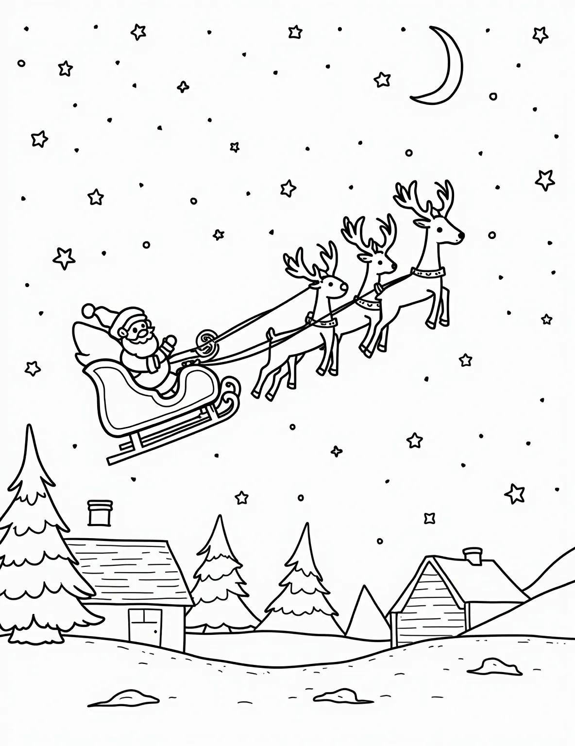 Santa's Sleigh Take-Off Coloring Page -- prompt: "black lines only Santa's jolly sleigh, outlined in bold black lines, soars through a starry night sky. Reindeer with exaggerated antlers lead the way. Swirling snowflakes and twinkling stars surround them. Empty spaces await vibrant colors. A crescent moon smiles in the background. flat black lines, premium coloring page, coloring sheet, line drawing, Coloring Book, NO COLOR, NO SHADING, WHITE BACKGROUND. NO GRAY, BLACK AND WHITE, NO COLOR" -- Capture the excitement of Christmas Eve with this dynamic coloring page featuring Santa's sleigh take-off. Watch as Santa and his reindeer soar into the starry night sky, leaving behind a trail of magic. This page is perfect for children who love the idea of Santa's worldwide journey.