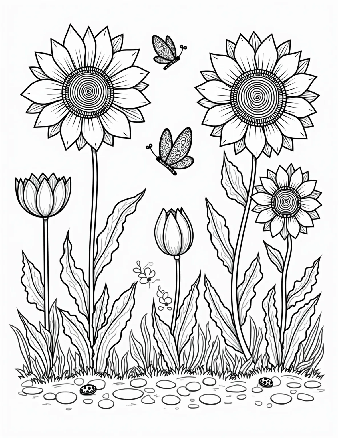 Rainbow Butterfly Garden Coloring Page -- prompt: "black lines only Garden coloring page: Bold outlines frame whimsical flowers with petals begging for color. Butterflies with exaggerated, stripey wings hover playfully. Chunky stems twist upward, inviting imagination. Curly vines and leaves create fun negative spaces. Cheerful scene radiates joy, perfect for creative expression. flat black lines, premium coloring page, coloring sheet, line drawing, Coloring Book, NO COLOR, NO SHADING, WHITE BACKGROUND. NO GRAY, BLACK AND WHITE, NO COLOR" -- This enchanting scene depicts a garden filled with butterfly-rainbow hybrids. Each butterfly's wings are patterned with rainbow stripes, creating a magical and colorful atmosphere. It's a delightful page for nature lovers and those who enjoy intricate designs.