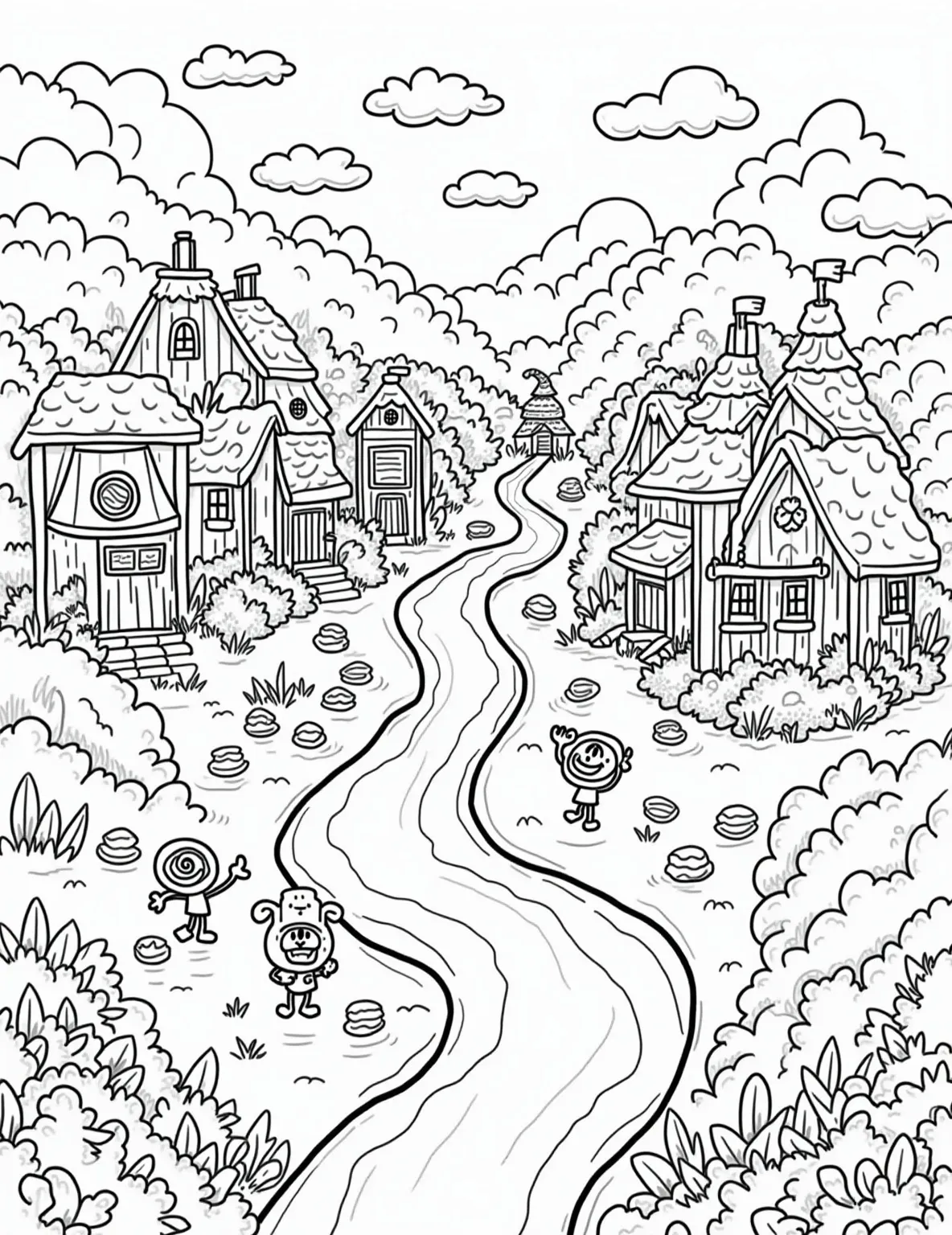 Cartoon Candy Land Coloring Page -- prompt: "black lines only Delightful candy wonderland coloring page. Gummy bear houses, lollipop trees, and chocolate rivers. Smiling candy characters stroll along a twisting candy cane path. Fluffy cotton candy clouds float above. Bold outlines perfect for coloring. Jelly bean bushes and peppermint swirl flowers dot flat black lines, premium coloring page, coloring sheet, line drawing, Coloring Book, NO COLOR, NO SHADING, WHITE BACKGROUND. NO GRAY, BLACK AND WHITE, NO COLOR" -- Step into a world of sweetness with our Cartoon Candy Land coloring page! This whimsical scene is filled with personified candy characters, from jolly jelly beans to laughing lollipops. A winding path made of candy canes leads through this sugary wonderland, offering a delightful coloring adventure.