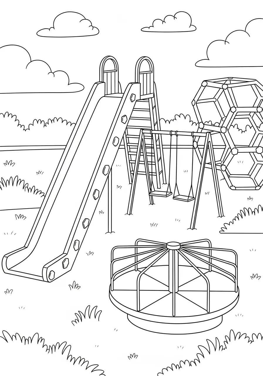 Shape Playground Fun Zone Coloring Page -- prompt: "black lines only Cheerful playground coloring page featuring bold geometric play equipment: towering triangular slide with ladder rungs, spinning circular merry-go-round with decorative spokes, sturdy rectangular swing set, hexagonal jungle gym with connecting bars, surrounded by simple grass patches and fluffy clouds overhead flat black lines, premium coloring page, coloring sheet, line drawing, Coloring Book, NO COLOR, NO SHADING, WHITE BACKGROUND. NO GRAY, BLACK AND WHITE, NO COLOR" -- Playtime gets a geometric makeover in this exciting playground scene! Every piece of equipment is constructed from basic shapes - from the triangular slide to the circular merry-go-round. This energetic design combines the joy of playground fun with valuable shape learning opportunities for young children.