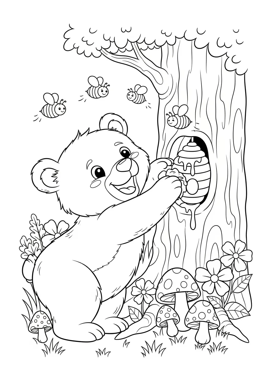 Adventurous Bear Cub Honey Hunt Coloring Page -- prompt: "black lines only Cheerful bear cub stretching paw deep into oak tree hollow, reaching for dripping honeycomb while friendly cartoon bees buzz nearby, thick black outlines, simple shapes, large forest flowers, mushrooms scattered below, perfect coloring book page design flat black lines, premium coloring page, coloring sheet, line drawing, Coloring Book, NO COLOR, NO SHADING, WHITE BACKGROUND. NO GRAY, BLACK AND WHITE, NO COLOR" -- This sweet adventure shows a curious bear cub discovering a beehive in a hollow tree while bees buzz around protectively. The cub's expression shows both determination and slight worry as it reaches for the golden honey. This page offers a great opportunity to discuss wildlife behavior and the relationship between bears and bees.