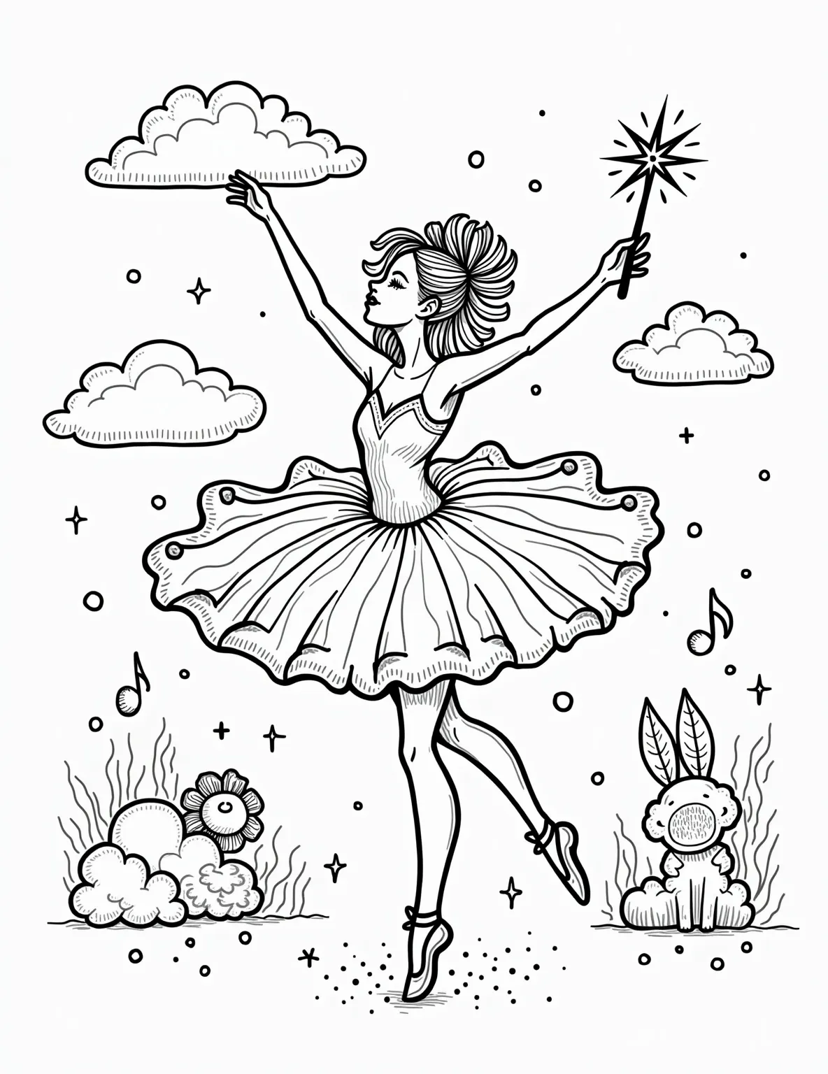 Ballerina Silhouette at Sunset Coloring Page -- prompt: "black lines only Graceful ballerina outline, arms arched overhead, poised on tiptoe. Bold, thick lines define tutu, flowing ribbons. Stylized sun rays radiate behind. Simple shapes, no shading. Perfect for coloring. Swirling patterns in negative space invite creative filling. Joyful, expressive pose captures dance's essence. flat black lines, premium coloring page, coloring sheet, line drawing, Coloring Book, NO COLOR, NO SHADING, WHITE BACKGROUND. NO GRAY, BLACK AND WHITE, NO COLOR" -- This artistic coloring page presents the silhouette of a ballerina against a sunset sky. The dancer's pose is striking and easily recognizable. The sunset background offers a chance to experiment with vibrant color gradients.