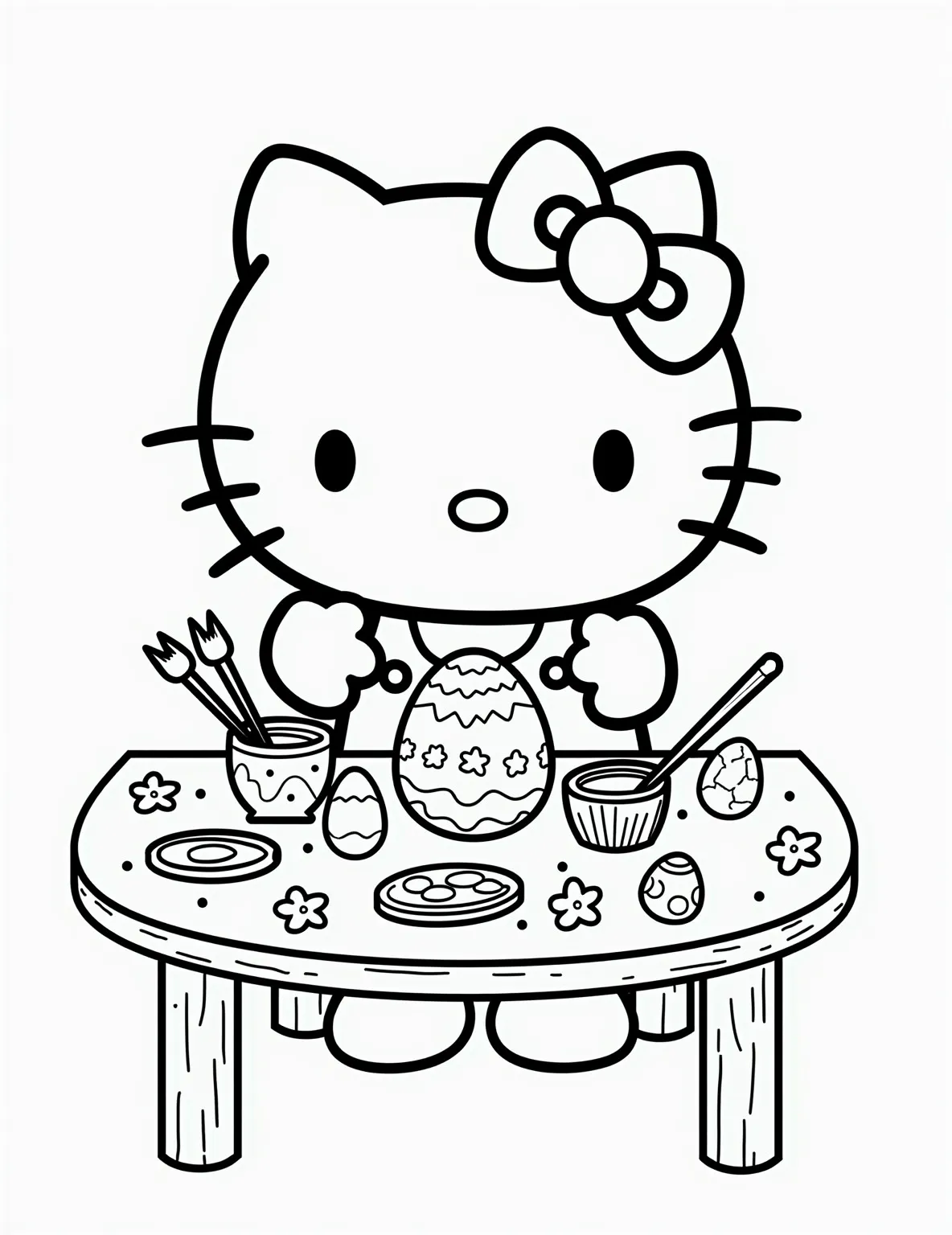 Hello Kitty's Easter Egg Decorating Station -- prompt: "black lines only Hello Kitty sits at a pastel-colored table, surrounded by Easter egg decorating supplies. Thick black outlines define her iconic features. Paintbrushes, stickers, and egg-shaped spaces await coloring. Cheerful spring patterns and Easter motifs fill the background. Simple shapes and bold lines create flat black lines, premium coloring page, coloring sheet, line drawing, Coloring Book, NO COLOR, NO SHADING, WHITE BACKGROUND. NO GRAY, BLACK AND WHITE, NO COLOR" -- This detailed coloring page shows Hello Kitty at her Easter egg decorating station. She's surrounded by paint brushes, stickers, and ribbons, ready to create beautiful Easter eggs. Some eggs are already decorated, showcasing various patterns and designs.