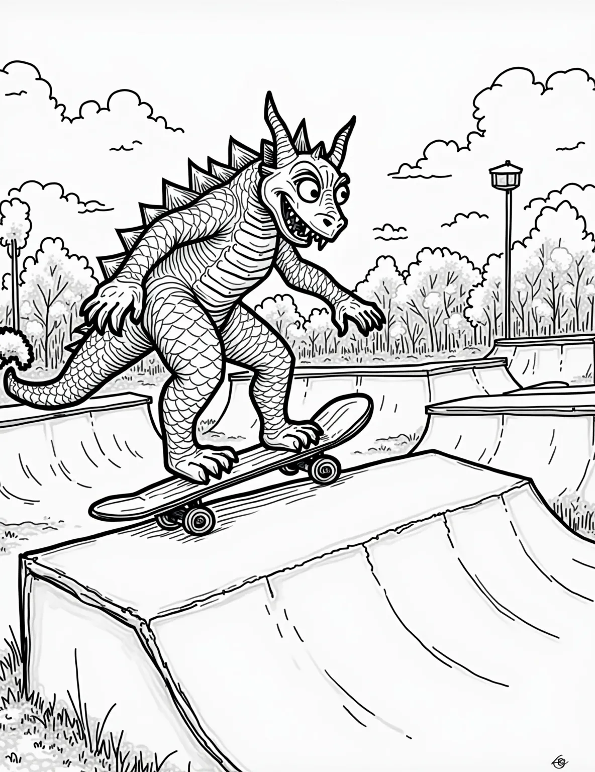 Dragon Skateboard Park Coloring Page -- prompt: "black lines only Bold outlines frame a playful skate park scene. A scaly dragon balances on a skateboard, tail curled for stability. Human skaters watch in awe as the dragon attempts an ollie. Simple, thick lines define ramps, rails, and half-pipes. Fun, coloring book style flat black lines, premium coloring page, coloring sheet, line drawing, Coloring Book, NO COLOR, NO SHADING, WHITE BACKGROUND. NO GRAY, BLACK AND WHITE, NO COLOR" -- Get ready for some radical fun with this modern twist on dragon lore! A cool dragon shows off its skateboarding skills at a bustling skate park, performing tricks alongside human skaters. This page is perfect for older kids and teens who love both fantasy and contemporary themes.