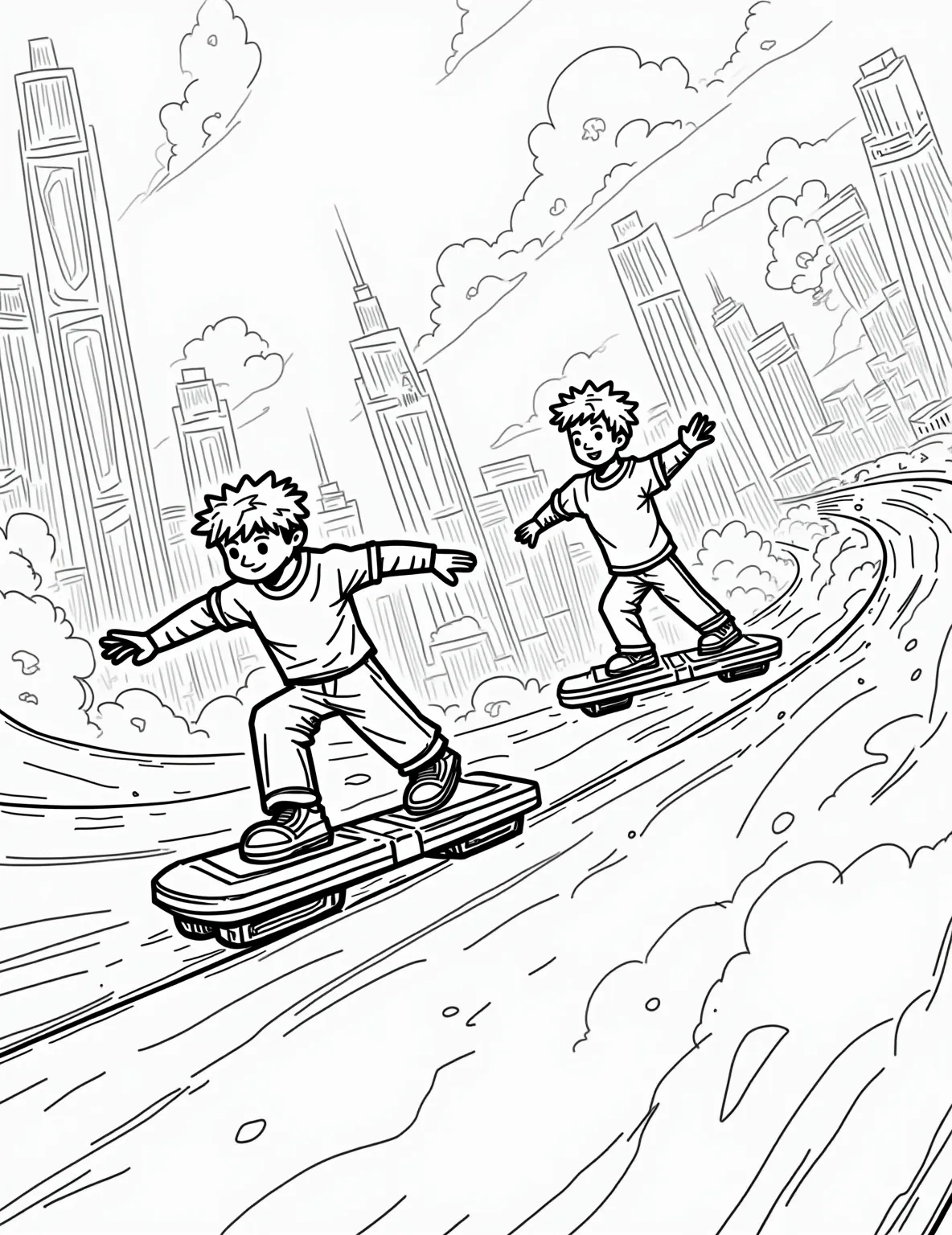 Futuristic Hoverboard Race Coloring Page -- prompt: "black lines only Energetic boys zip through a simplified, line-drawn cityscape on sleek hoverboards. Bold outlines define futuristic skyscrapers, looping tracks, and gravity-defying ramps. Chunky neon patterns and playful geometric shapes create an exciting, kid-friendly coloring adventure. Empty spaces await vibrant hues flat black lines, premium coloring page, coloring sheet, line drawing, Coloring Book, NO COLOR, NO SHADING, WHITE BACKGROUND. NO GRAY, BLACK AND WHITE, NO COLOR" -- Zoom into the future with this thrilling futuristic hoverboard race coloring page! It features boys racing on high-tech hoverboards through a neon-lit city course. This page is ideal for boys who love skateboarding and imagining how extreme sports might evolve in the future.