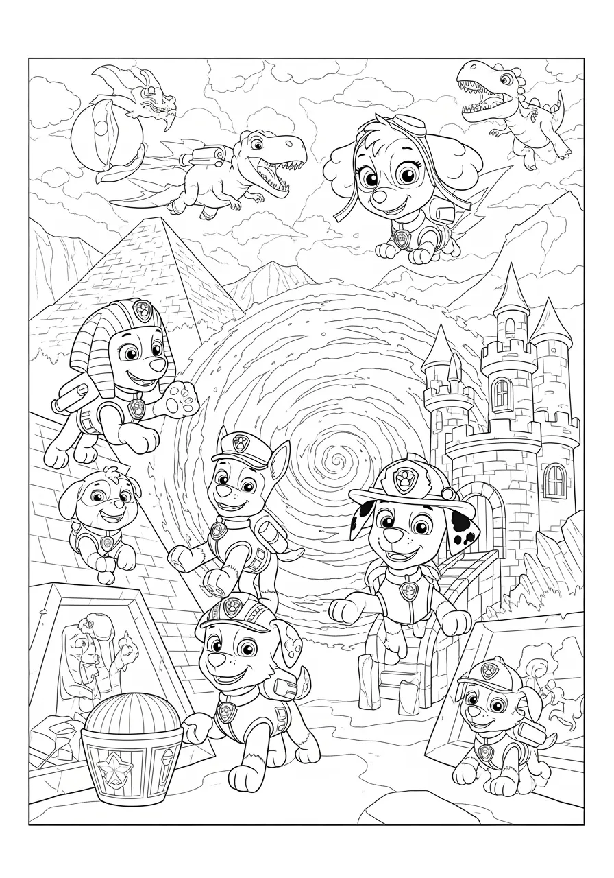 Paw Patrol Pups' Time Machine Adventure Coloring Page -- prompt: "black lines only Paw Patrol pups emerge from swirling time machine portal, Chase exploring Egyptian pyramid chambers, Marshall at medieval castle drawbridge, Skye soaring over dinosaur valleys, bold black outlines, simple shapes, cheerful expressions, adventure-filled coloring book page design flat black lines, premium coloring page, coloring sheet, line drawing, Coloring Book, NO COLOR, NO SHADING, WHITE BACKGROUND. NO GRAY, BLACK AND WHITE, NO COLOR" -- Travel through time with the Paw Patrol pups as they explore different historical periods in their amazing time machine! This imaginative coloring page features the pups visiting ancient Egypt, medieval castles, and prehistoric times. The time-travel concept encourages learning about history while providing exciting coloring opportunities.