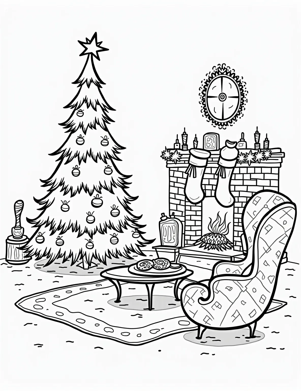 Cozy Christmas Eve Scene Coloring Page -- prompt: "black lines only Festive living room scene: chunky outlines frame Christmas tree adorned with bold ornaments, stockings hung on fireplace with exaggerated bricks. Oversized milk glass and cookie plate await Santa. Simple shapes and thick lines perfect for coloring. Cozy armchair and rug add homey touches. flat black lines, premium coloring page, coloring sheet, line drawing, Coloring Book, NO COLOR, NO SHADING, WHITE BACKGROUND. NO GRAY, BLACK AND WHITE, NO COLOR" -- Experience the warm, anticipatory feeling of Christmas Eve with this cozy coloring page. The scene shows a beautifully decorated living room with stockings hung by the fireplace, a Christmas tree, and a plate of cookies for Santa. It's the perfect representation of the magic of Christmas night.